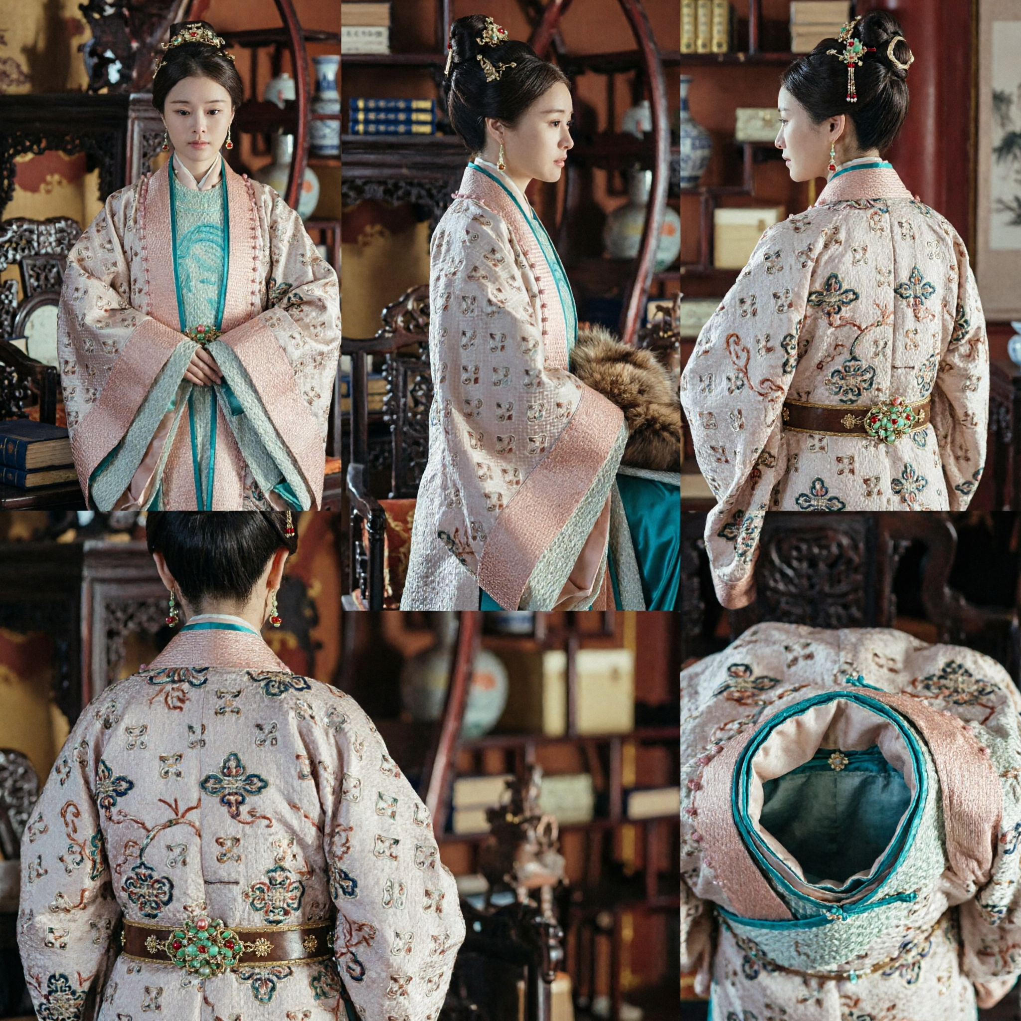 Элегантный ханьфу эпохи Мин, традиционный китайский костюм для женщин, розово-синий вышитый халат с меховым воротником - Asian Costume