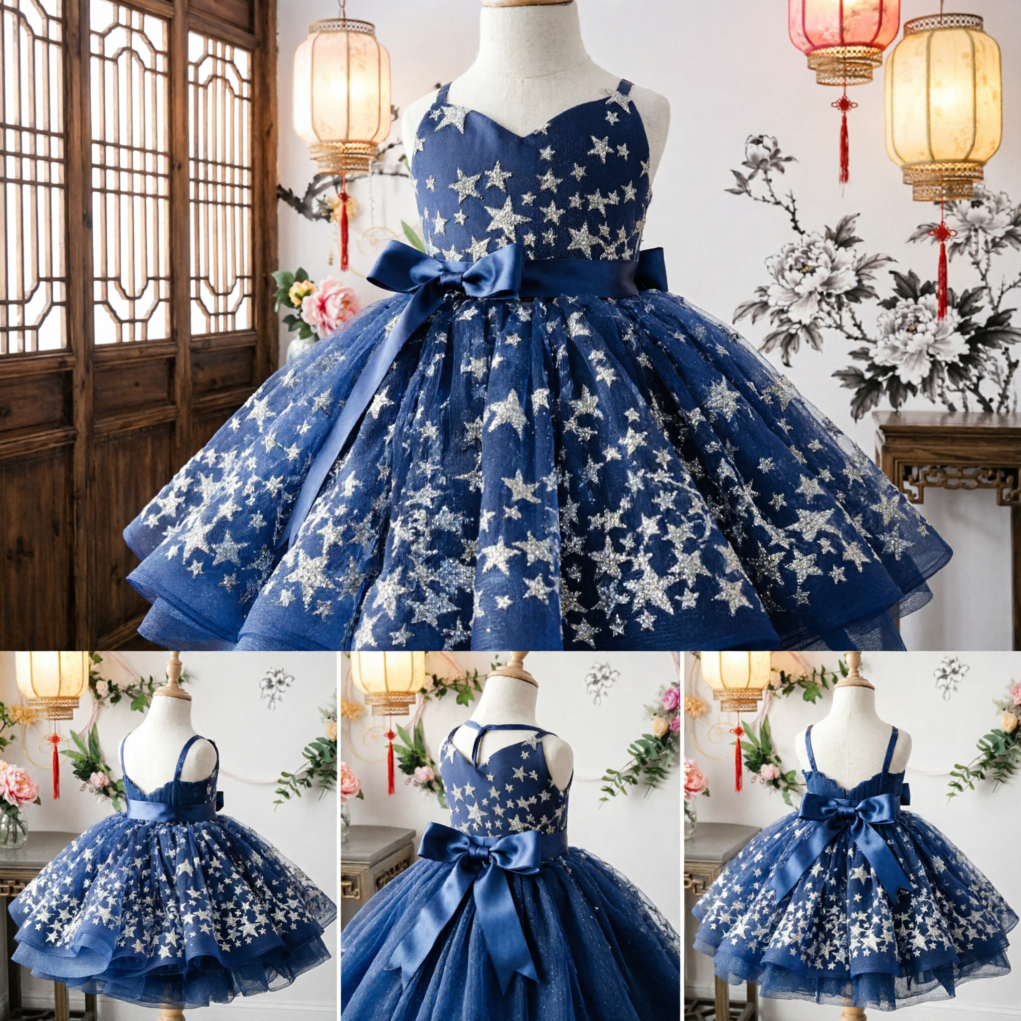 Vestido Tutu Azul Marinho com Estrelas Prateadas para Meninas Princesa Festa de Aniversário Concurso Vestido de Gala - Asian Costume