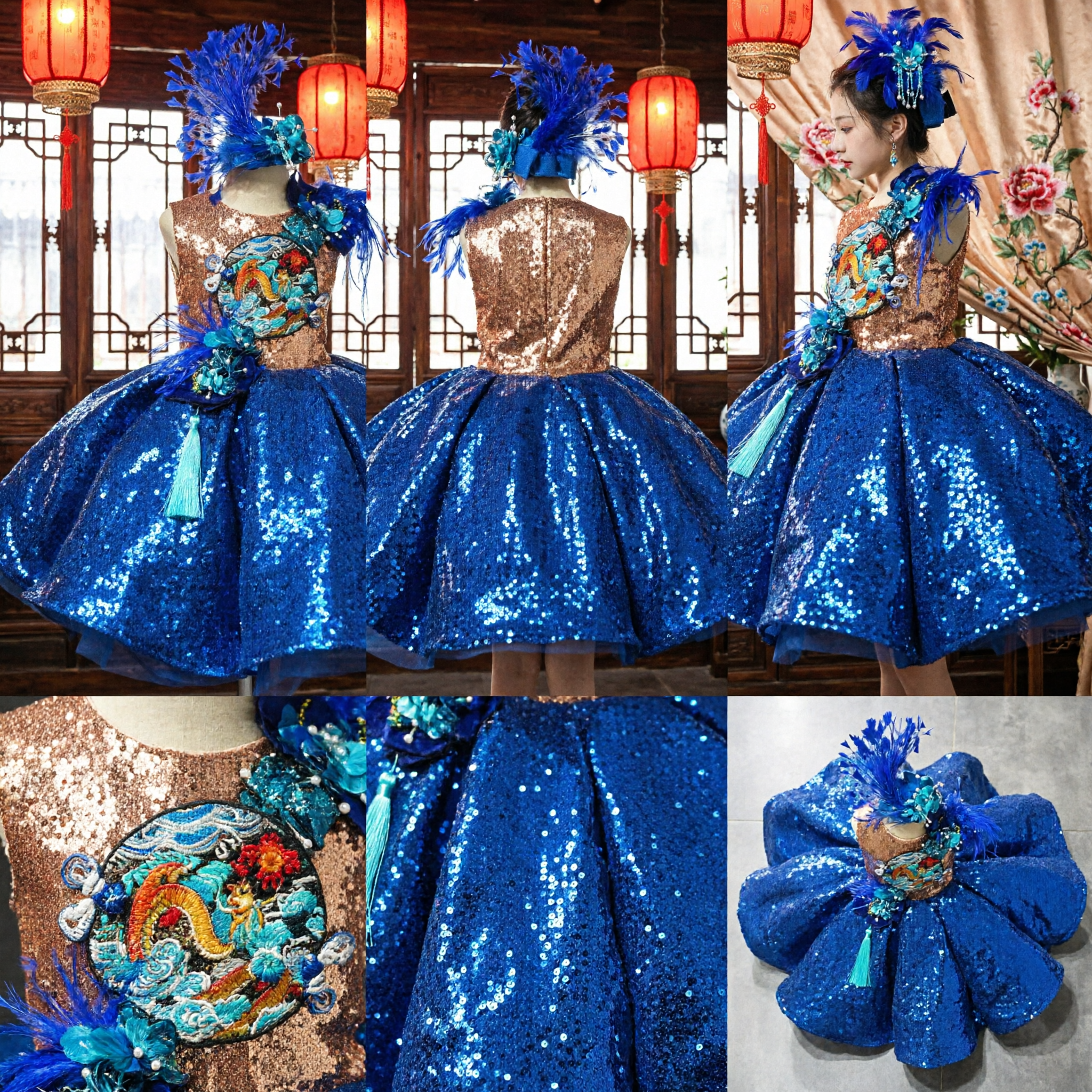 Kinderen Blauw Pailletten Chinese Draken Dans Kostuum met Veren Hoofdtooi voor Meisjes Podiumoptreden - Asian Costume