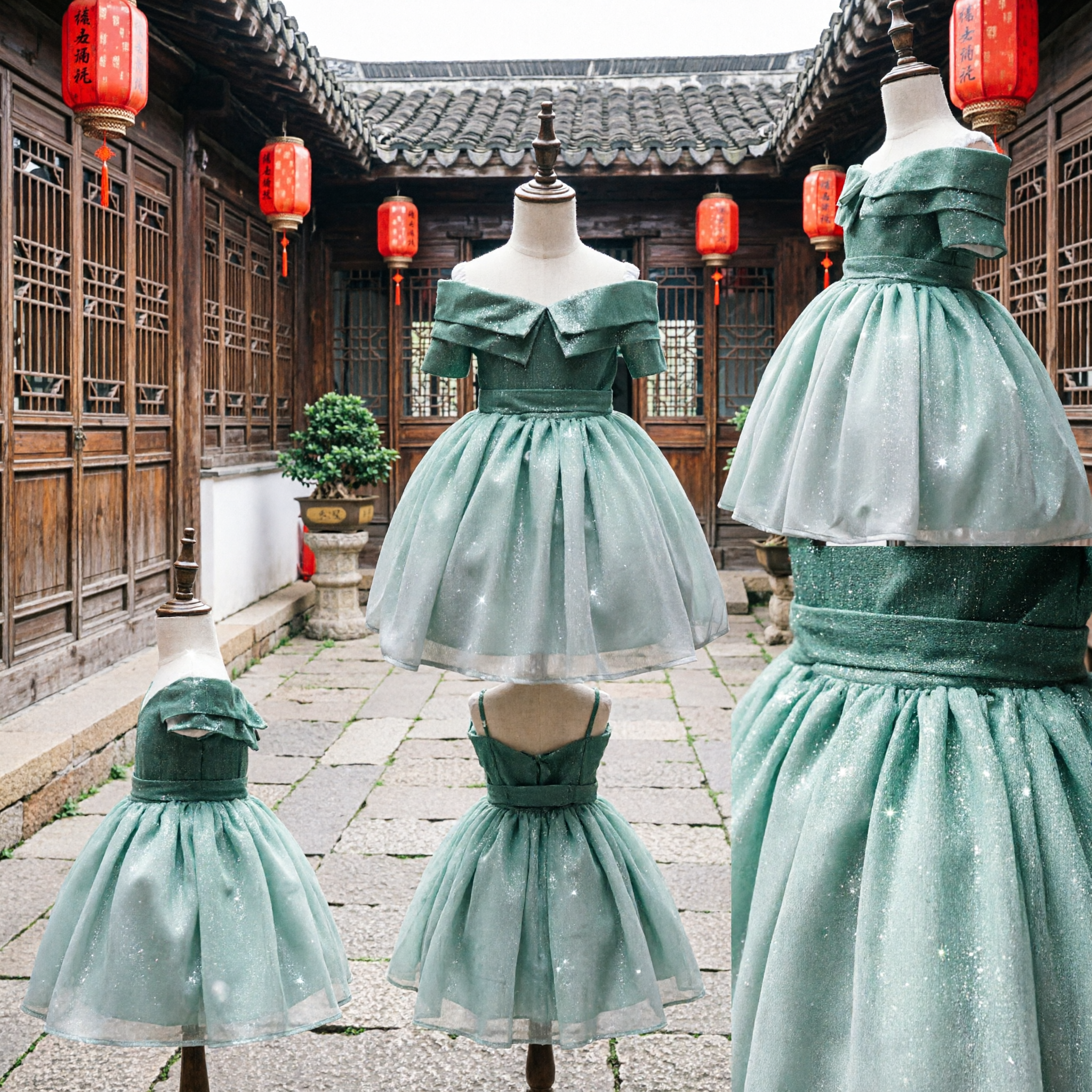 Vestito sfolgorante verde sfumato spalline cadenti con fiocco per damigella d'onore, concorso, festa, occasione formale - Asian Costume