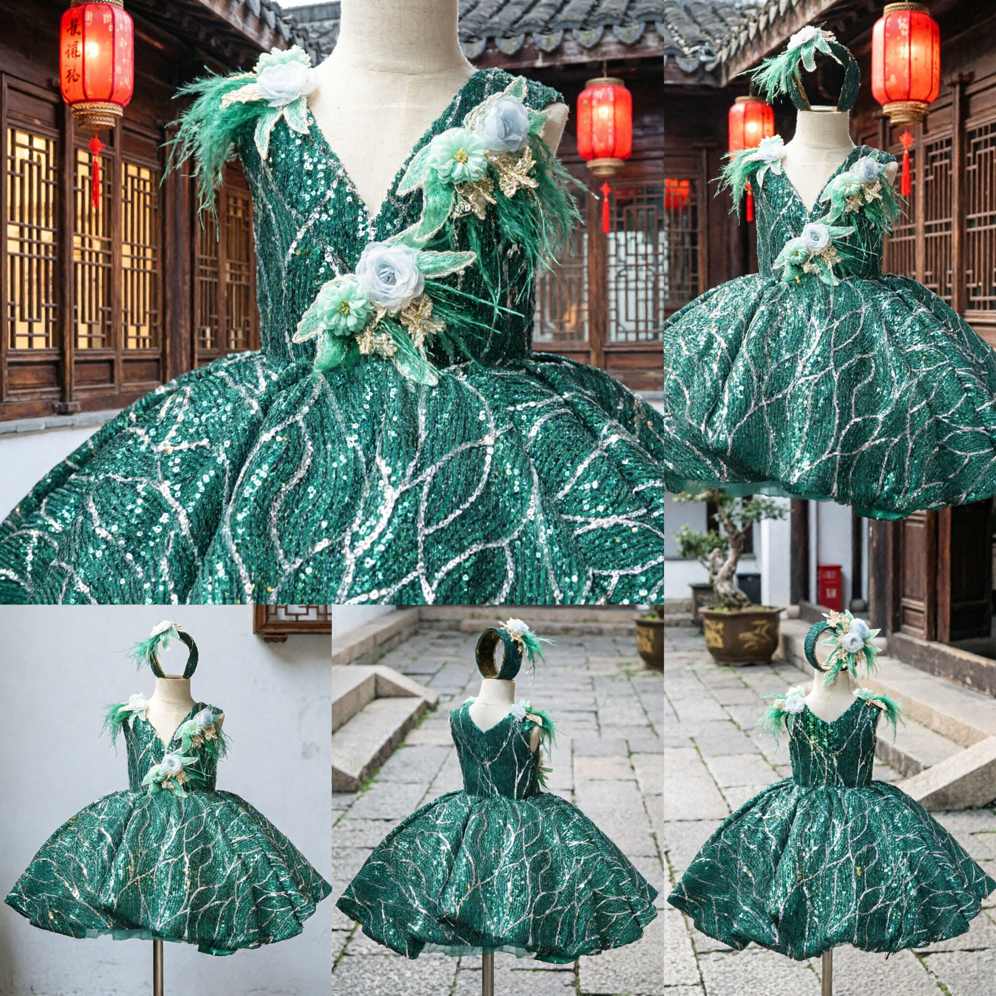 Meisjes Groen Glitter Latin Dansjurken Kinderen Ballroom Optreden Kostuum met Bloemen Hoofdtooi en Appliqes - Asian Costume