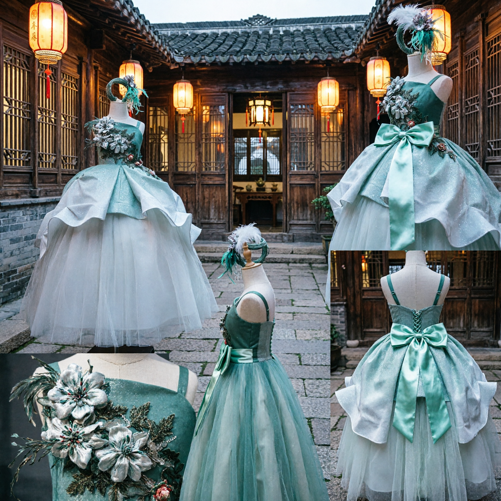Vestido de Gala Verde Azulado y Plateado con Flores y Tocado de Plumas para Pajes, Concursos y Eventos Formales - Asian Costume