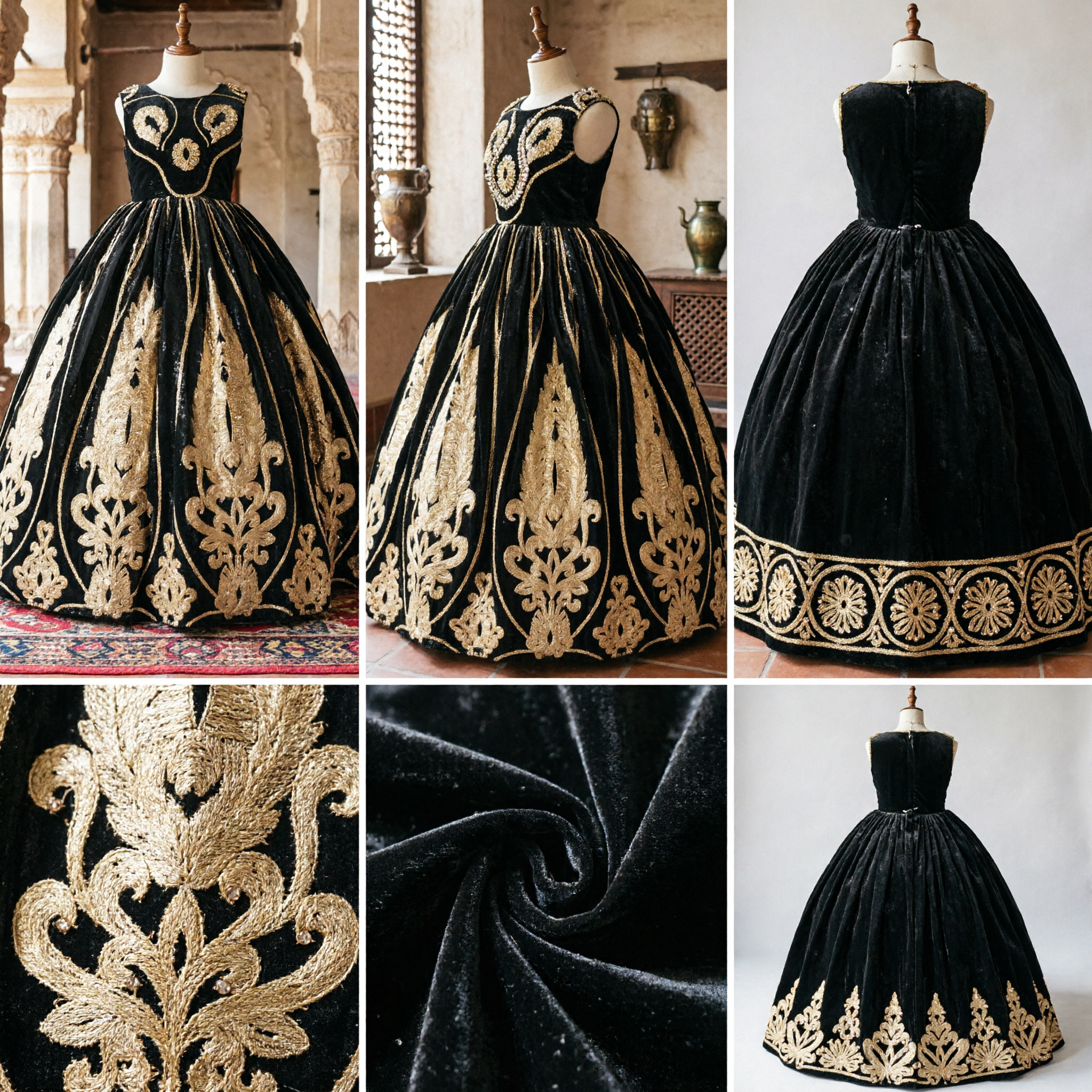 Lujoso Vestido de Princesa Negro con Bordados Dorados para Niñas, Traje para Fiestas Formales y Etapa - Asian Costume