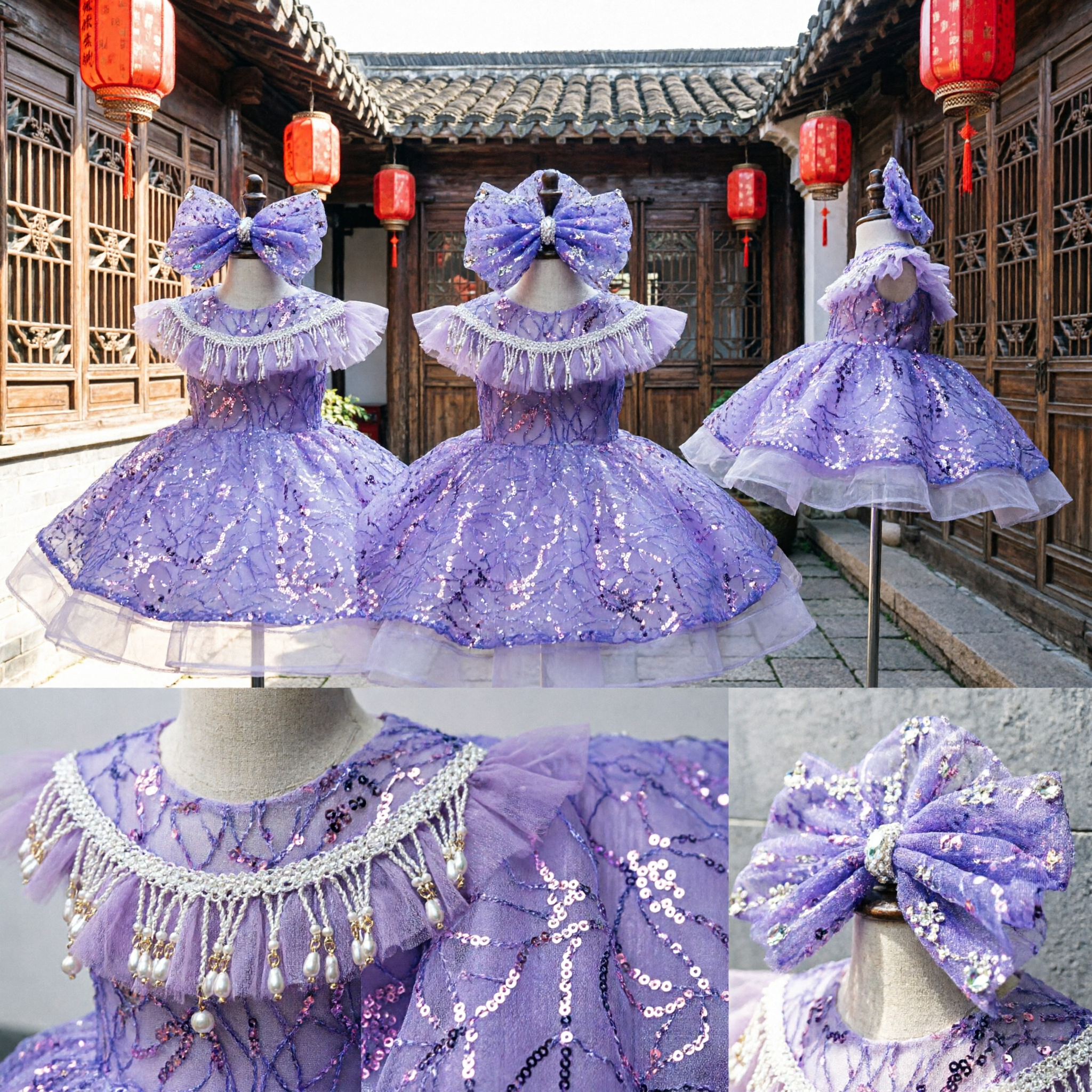 Traje de Tutu de Ballet Brilhante Roxo para Meninas com Decote Franjado e Adorno de Cabeça Combinando para Performances de Dança - Asian Costume