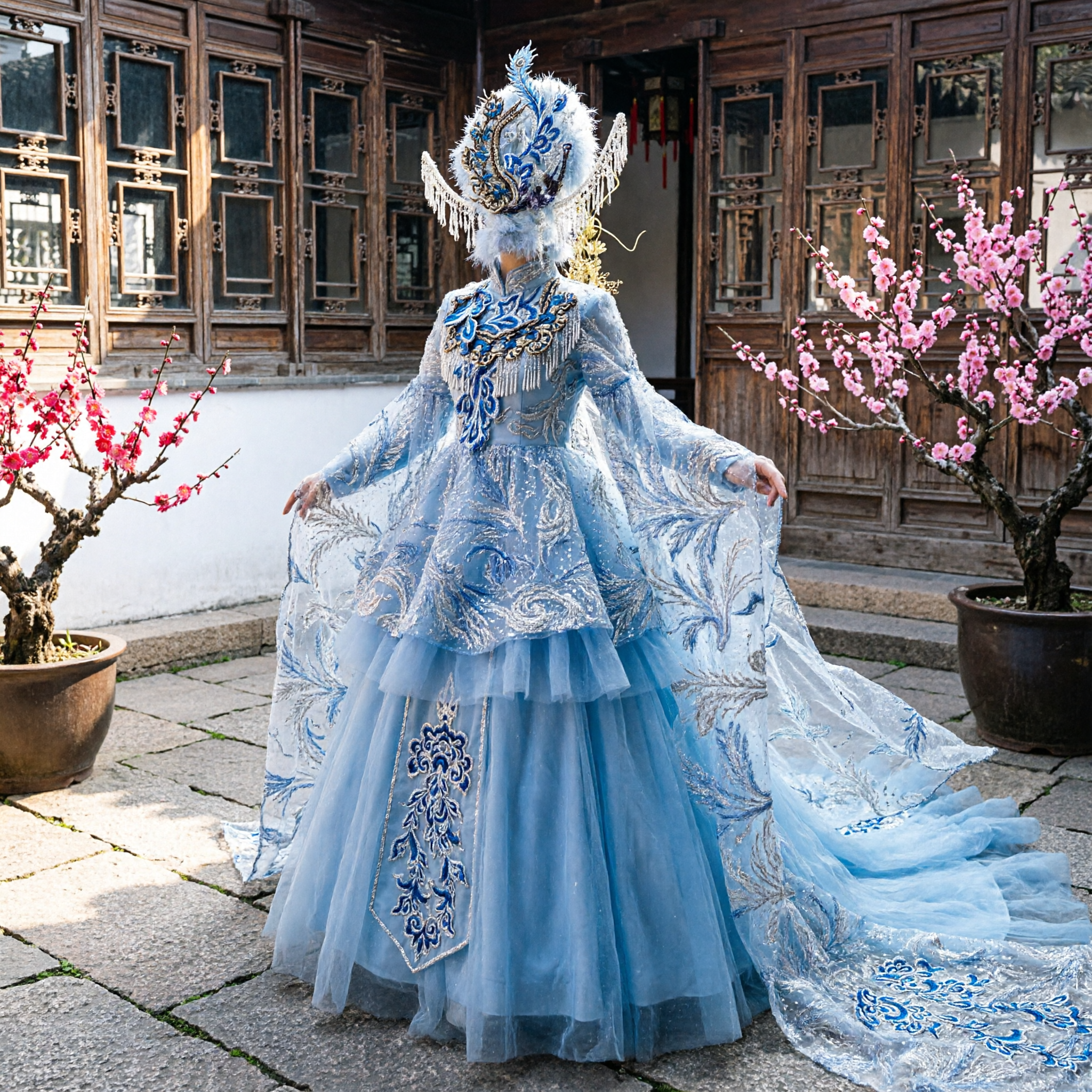 Costume de déesse d'opéra bleu traditionnel chinois avec broderie à paillettes, longue traîne et coiffe pour performance scénique - Asian Costume