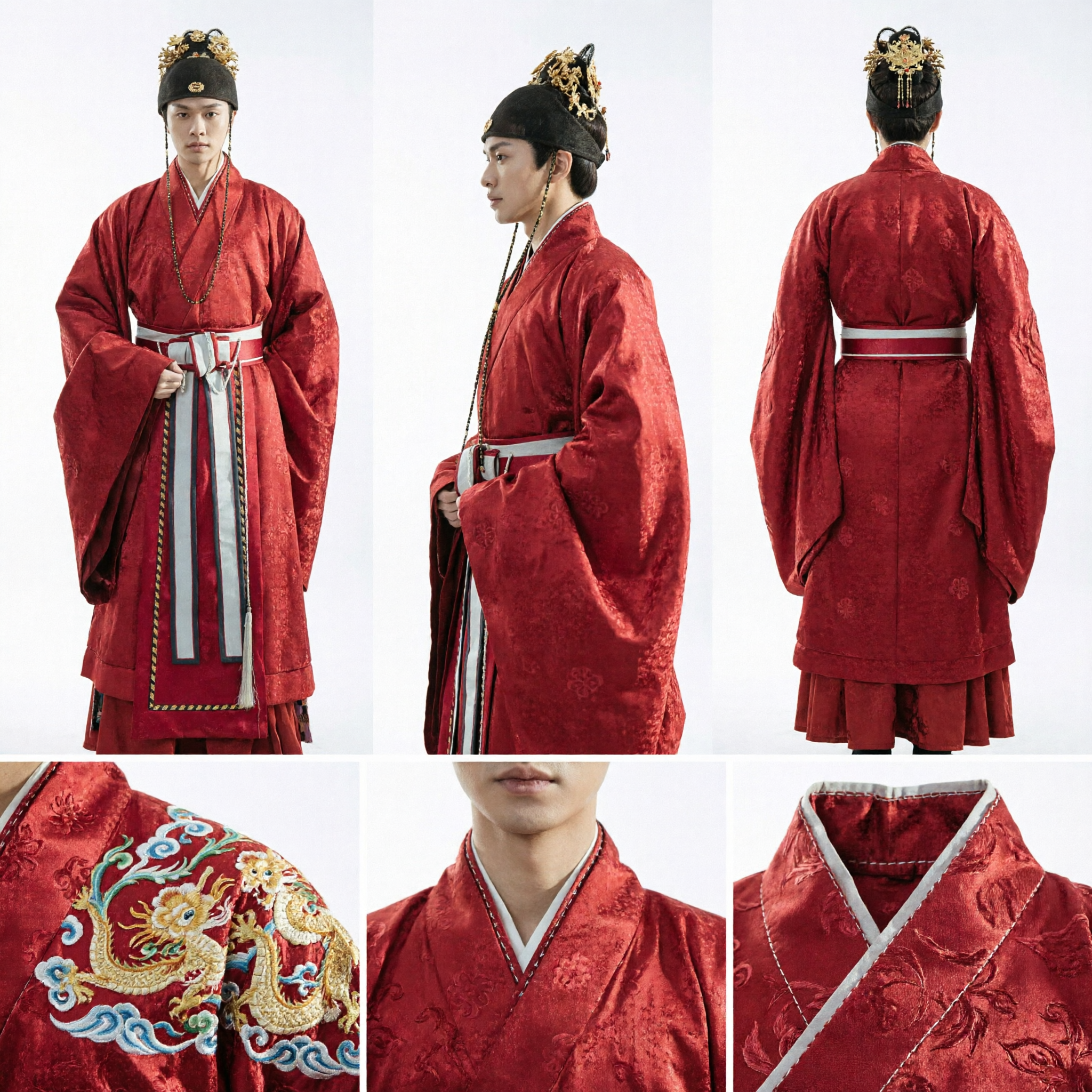 전통 중국 고대 명나라 관료 홍색 한푸 의상 (남성 귀족 예복, 코스프레용) - Asian Costume