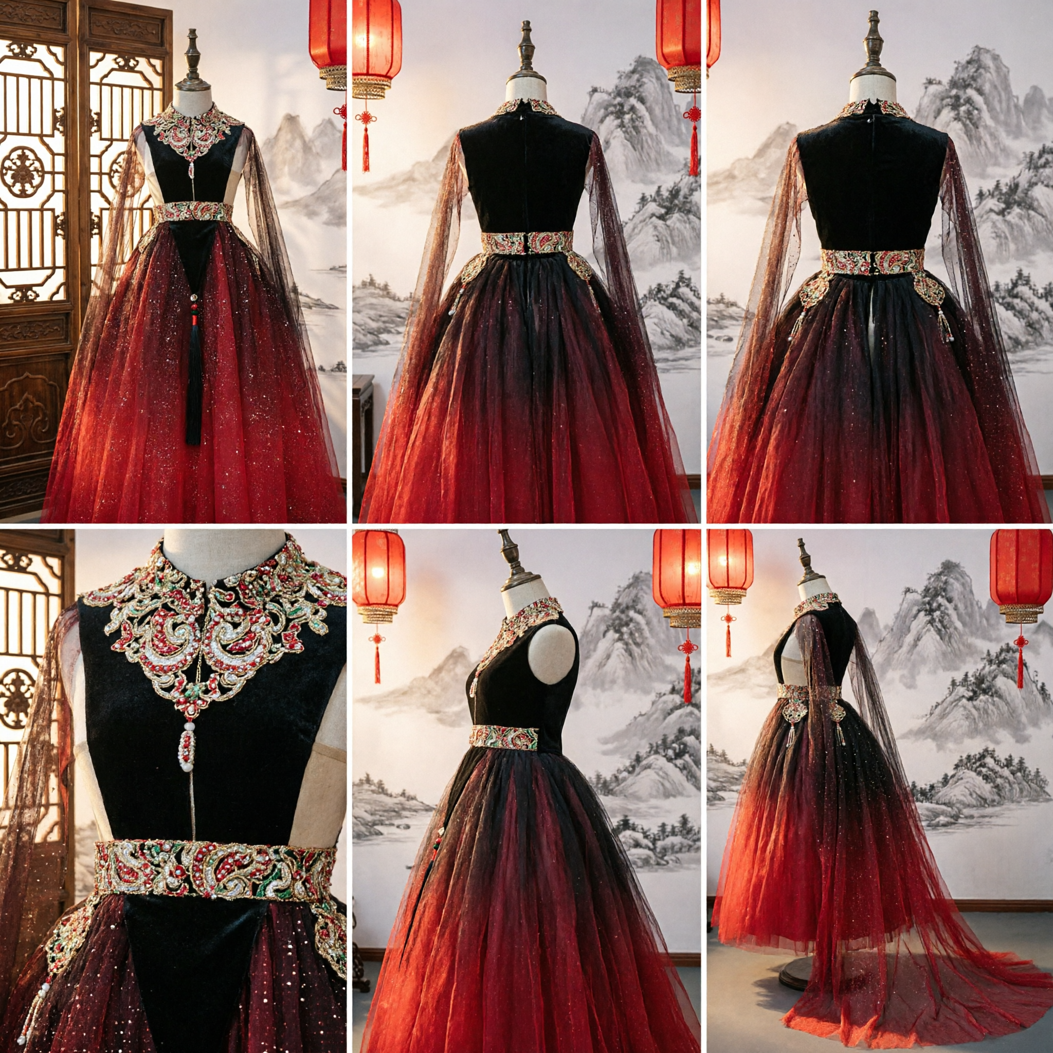 Exquisite Rode Gradiënt Chinese Stijl Avondjurken met Geborduurde Cape voor Formele Banketten en Podium - Asian Costume