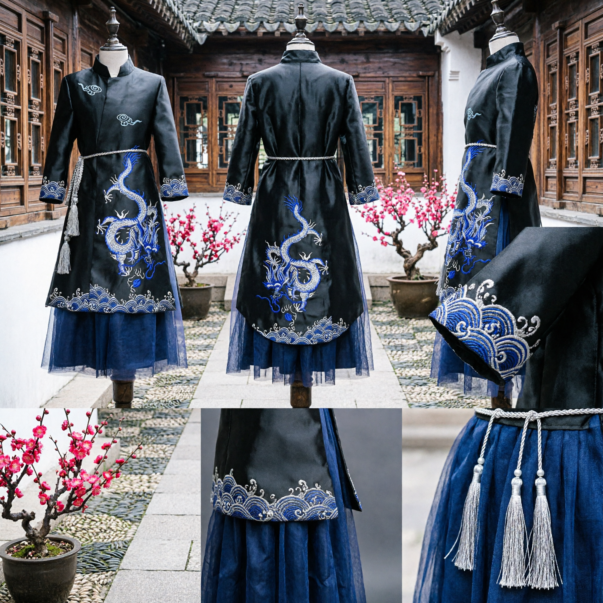 中国伝統 古代剣士衣装 メンズブラックドラゴン刺繍ローブ 武術唐装（タンスーツ）漢服（ハンフ） - Asian Costume