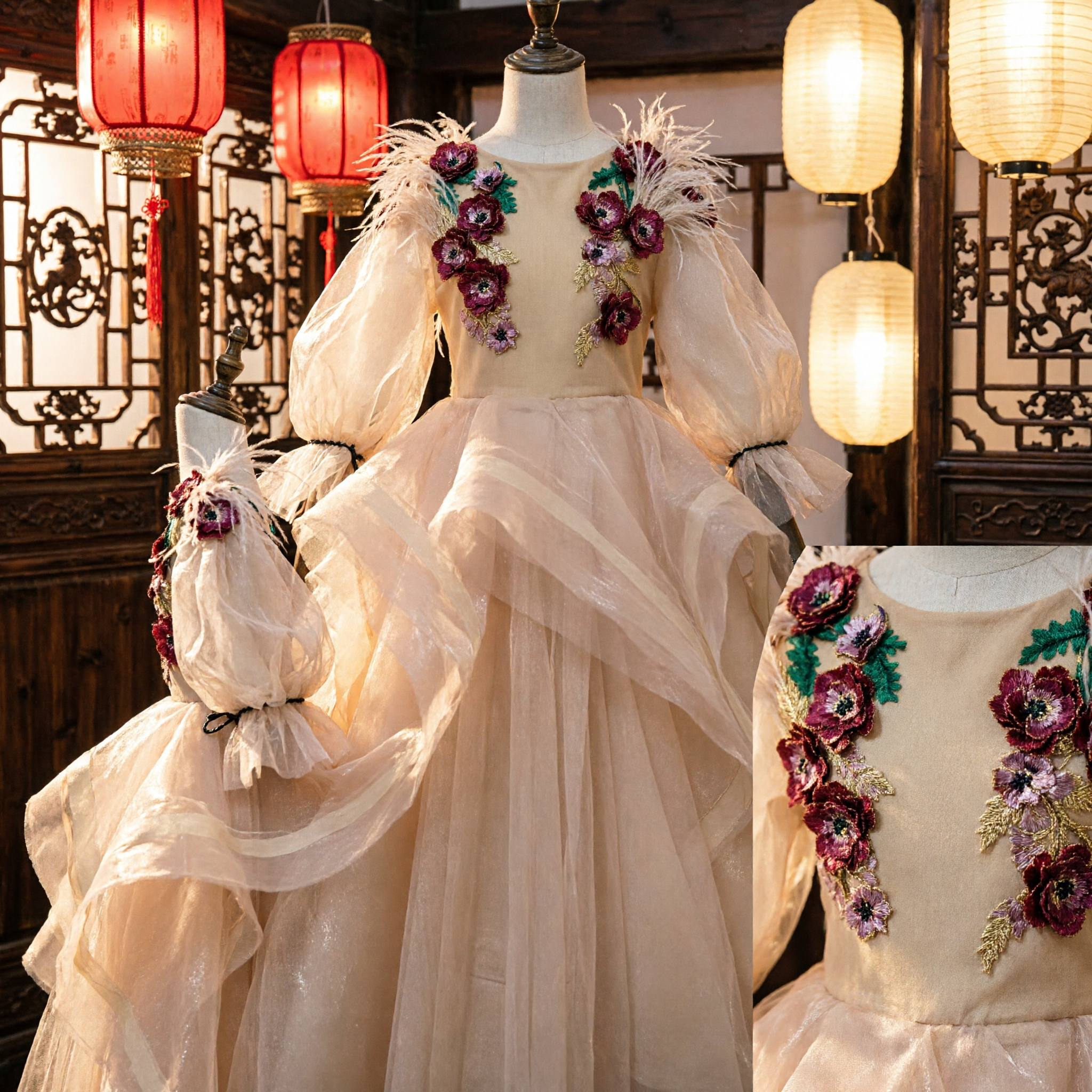 Vestido de Princesa Oro Champagne para Niñas con Manga Globos Floral y Vestido de Tul para Damita de Honor o Concurso - Asian Costume