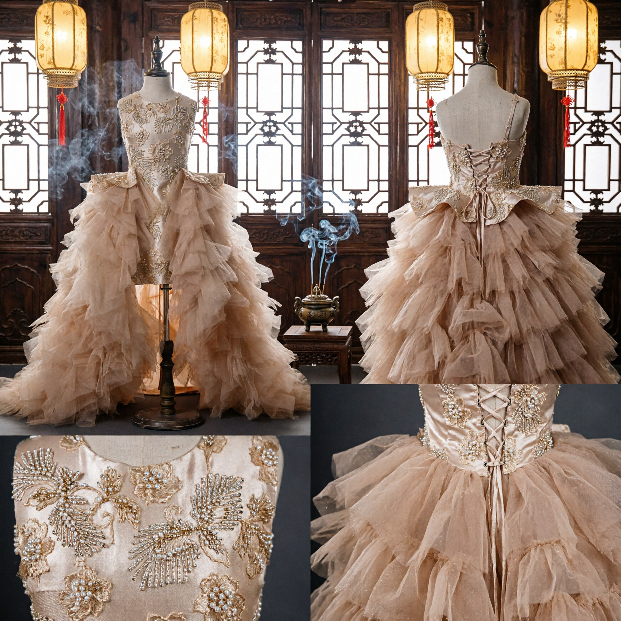 Vestido para Damita de Honor Oro Champagne, Corpiño Bordado sin Mangas y Falda de Tul con Volantes para Boda o Concurso - Asian Costume