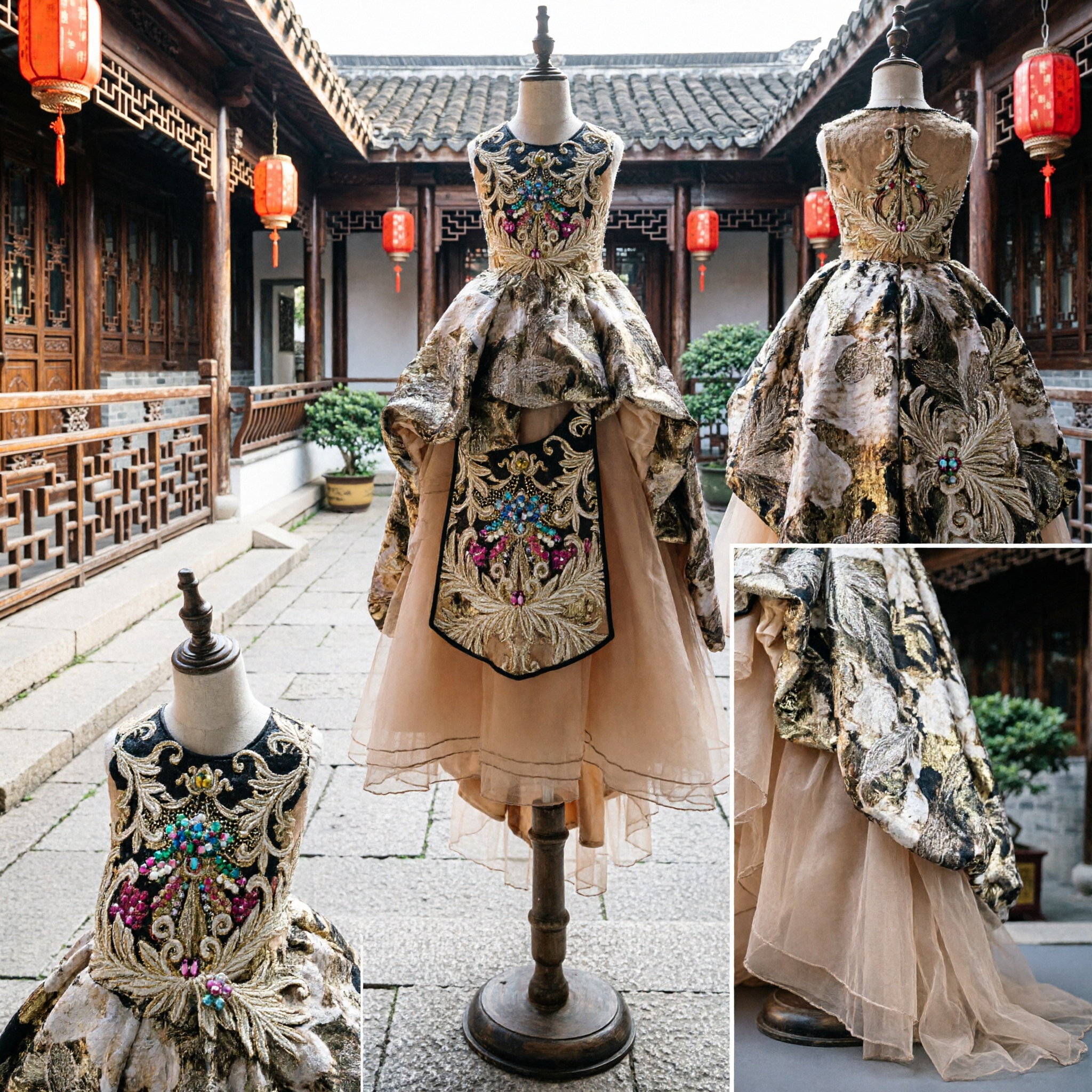 Vestido de Noche de Lujo para Niñas con Bordado Dorado y Joyas, Falda Alta-Baja para Concurso o Boda - Asian Costume
