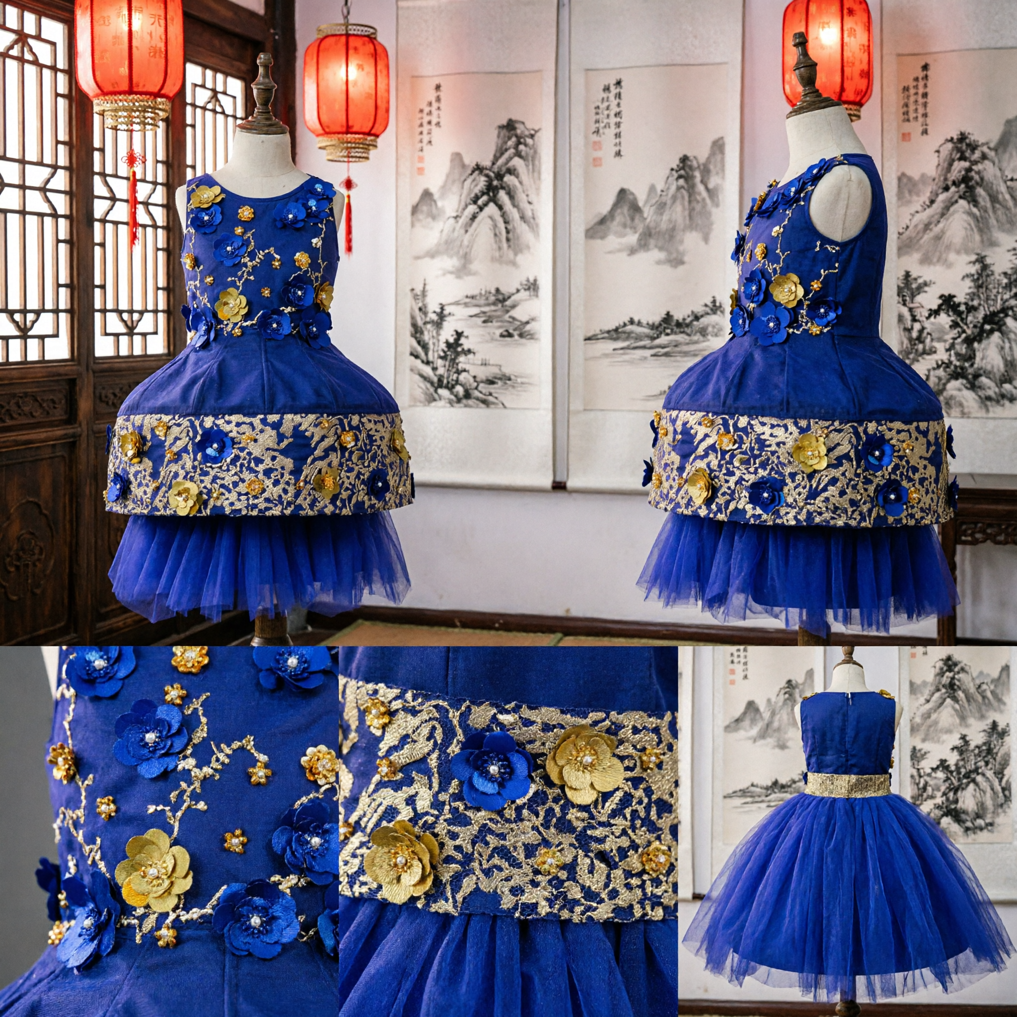Meisjes Koningsblauwe Bloemenappliquéjurk Traditionele Chinese Stijl Cheongsam Kostuum voor Bruiloftspartij Optreden - Asian Costume