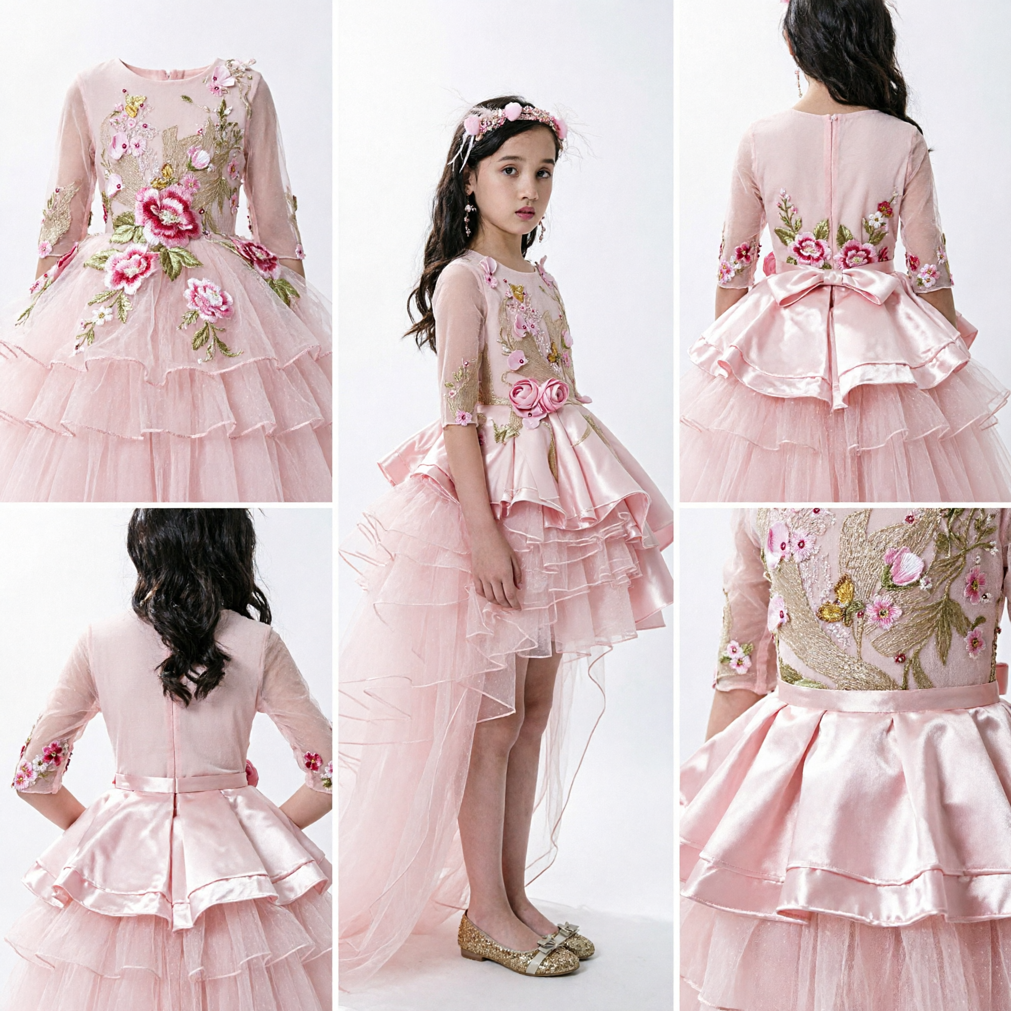 Robe pour enfants rose à broderie florale, haute-basse en tulle, pour demoiselle d'honneur, concours, mariage ou robe formelle de fête - Asian Costume