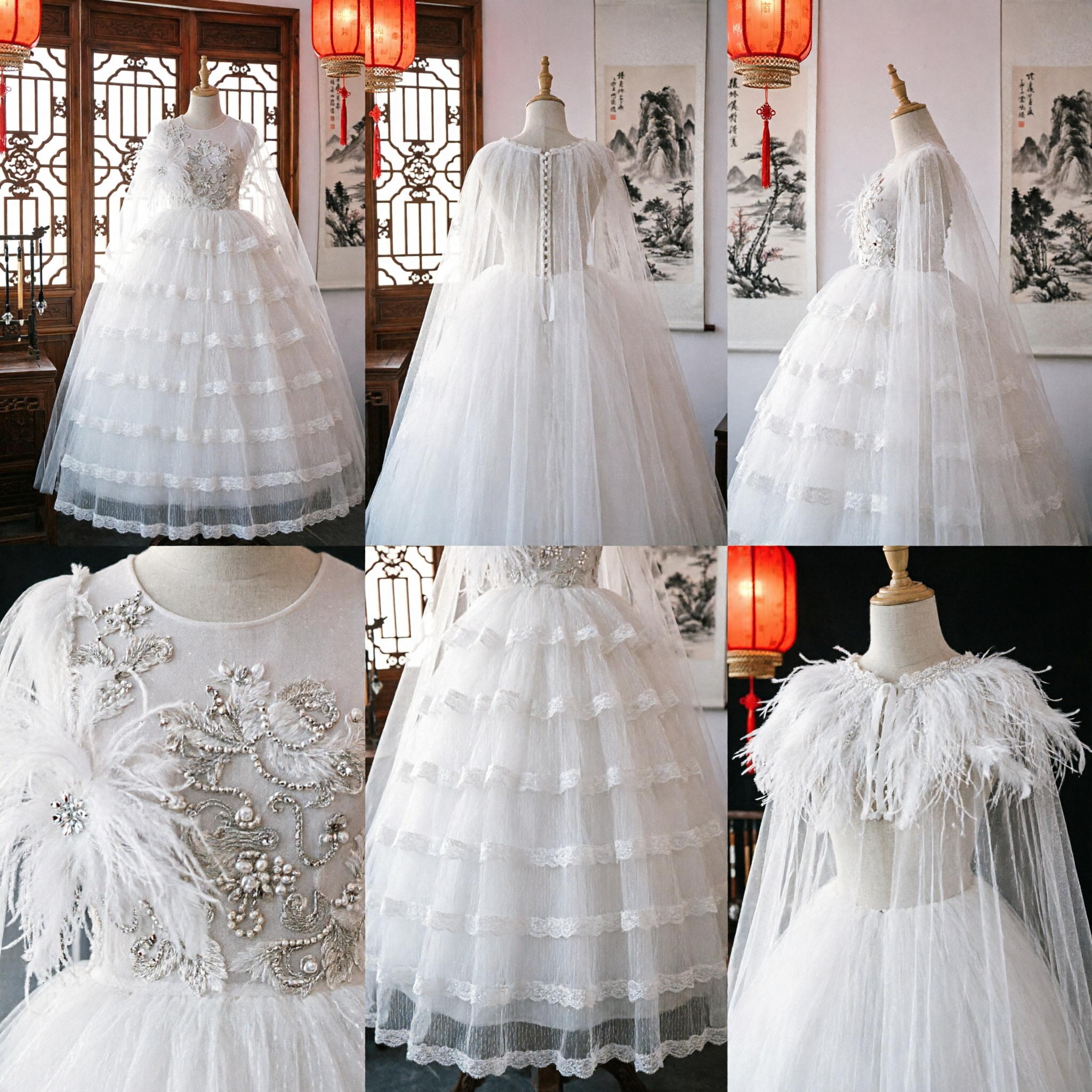 Elegantes weißes Erstkommunionskleid für Mädchen mit Pailletten-Oberteil, Federdetails und Tüll-Umhangkleid - Asian Costume