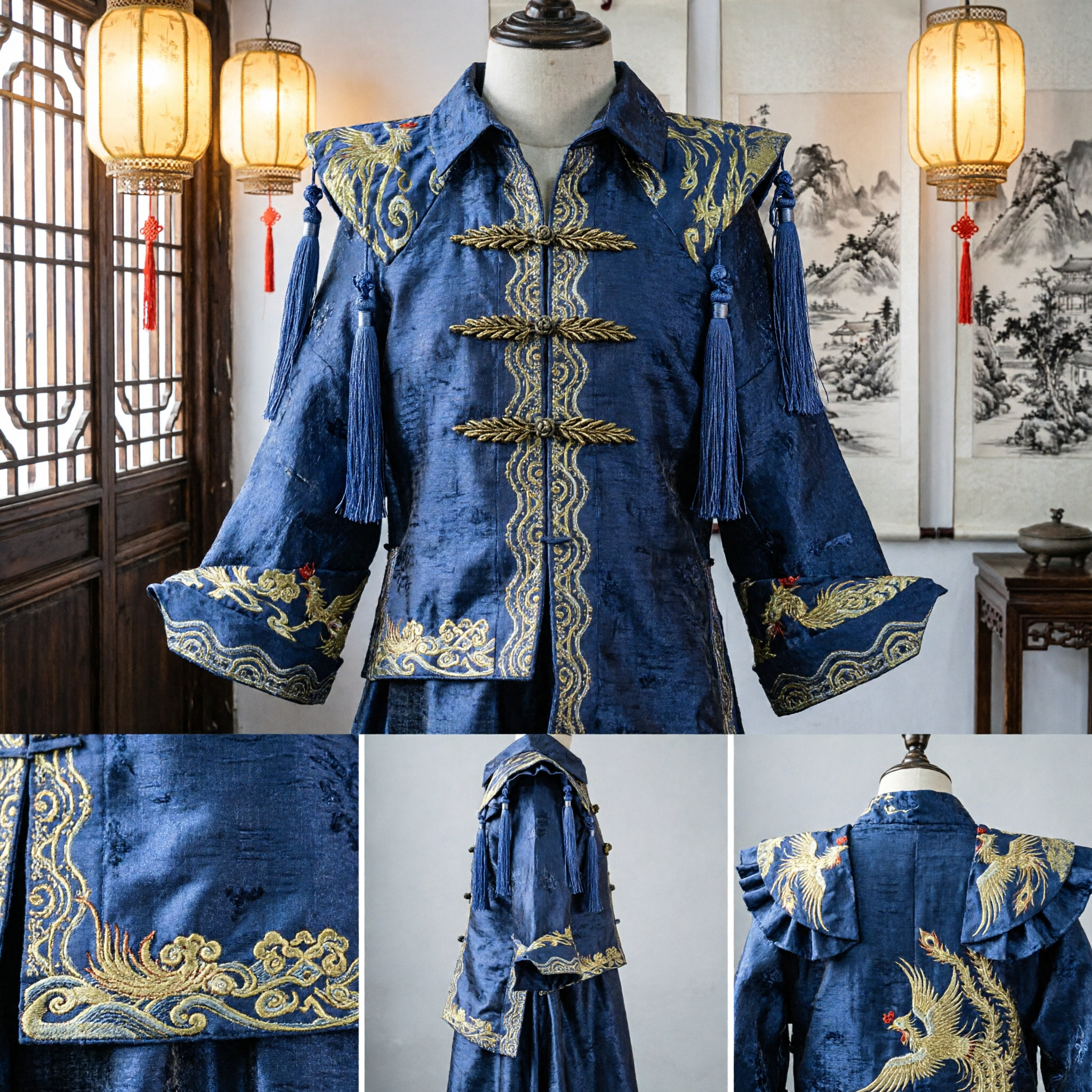 Conjunto Tradicional Chinês Tang para Homens de Jaqueta e Calça em Brocado Azul com Bordado Dourado, Traje de Kung Fu - Asian Costume