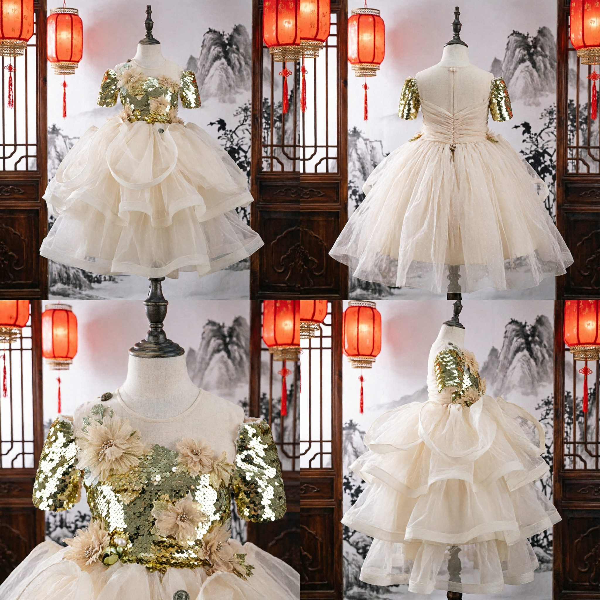 Vestido Elegante para Damita de Honor con Lentejuelas Doradas, Aplicación Floral 3D y Vestido de Tul en Capas para Concursos - Asian Costume