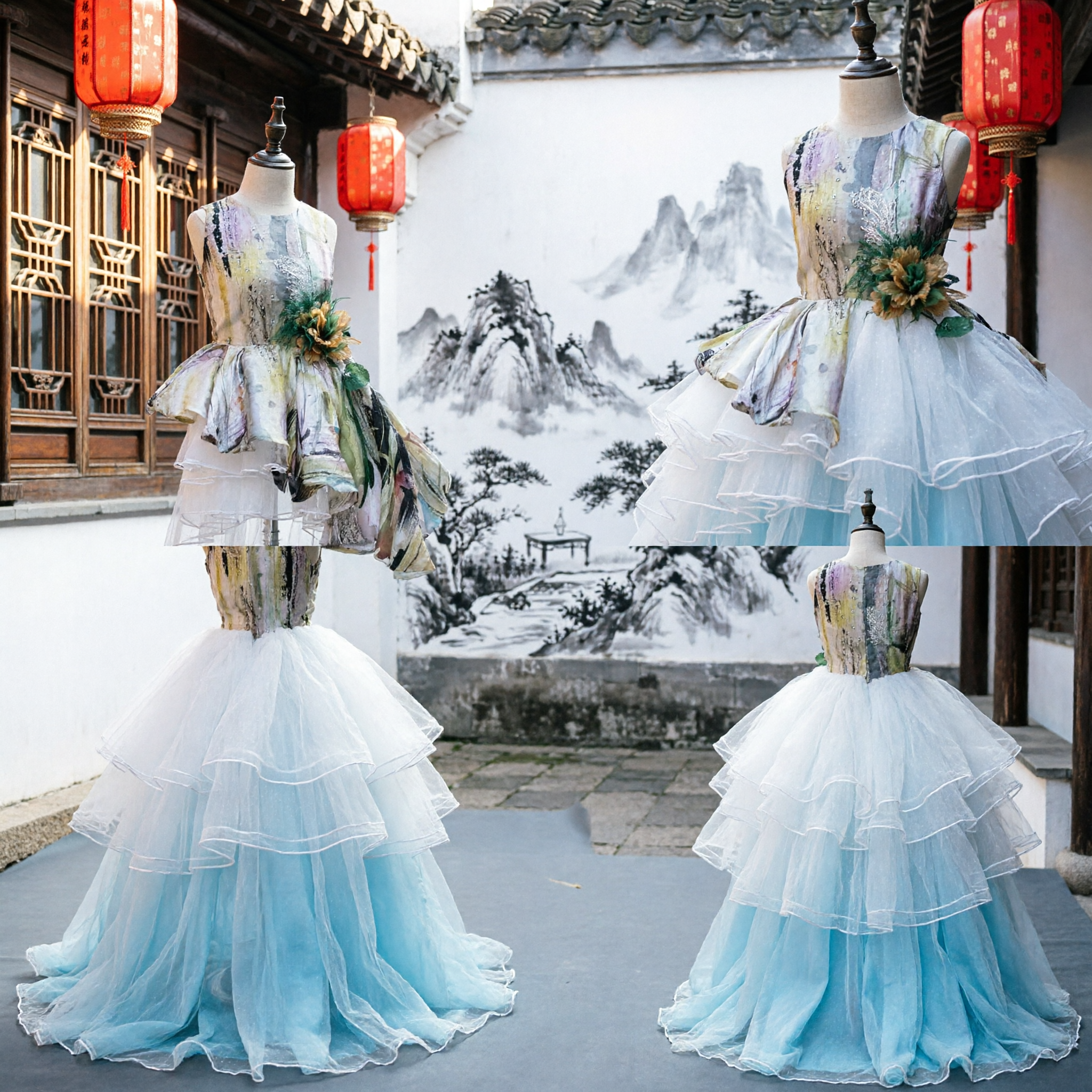 Vestido de Vanguardia con Estampado Abstracto de Acuarela y Falda de Tul en Niveles para Actuación Moderna en Escenario o Eventos de Arte - Asian Costume