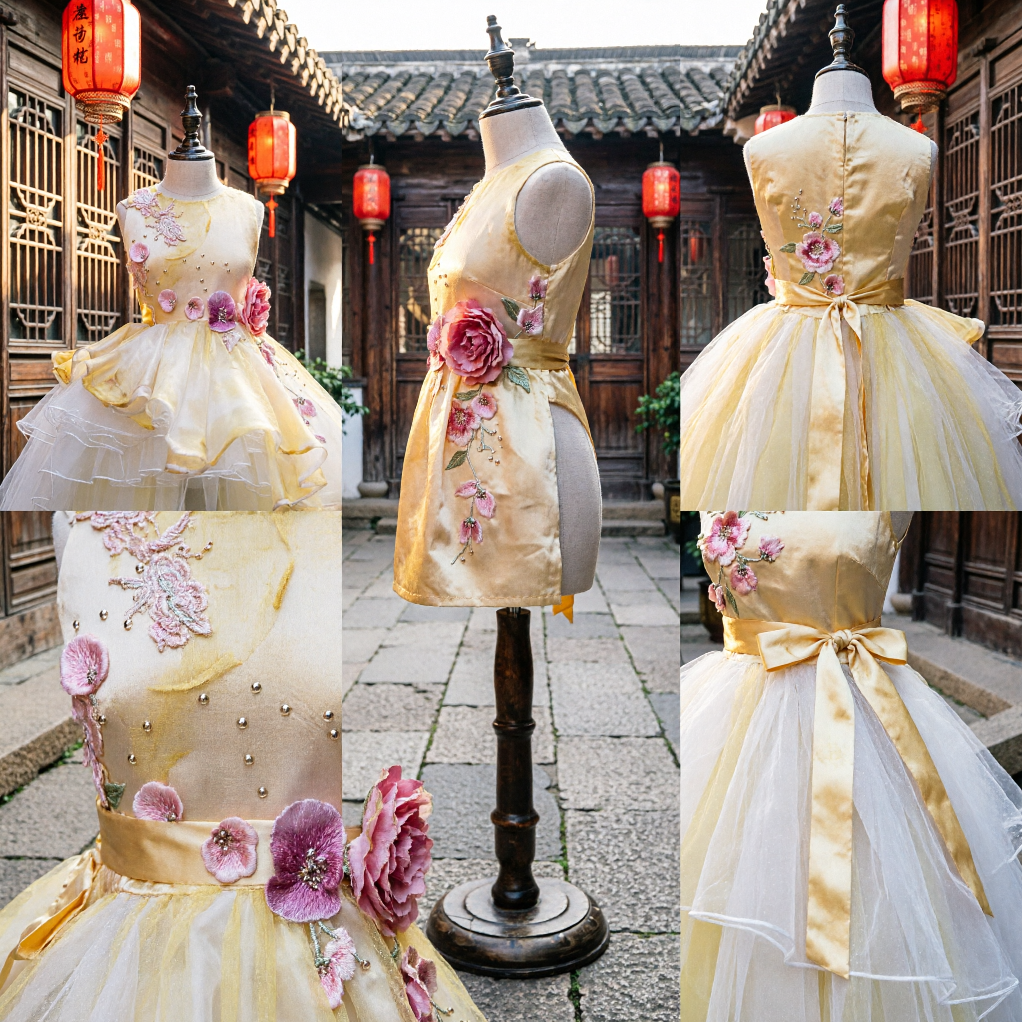 Elegant Yellow Floral High-Low Tulle Dress Girls Kids Wedding Party Formal Gown Stage Costume - Asian Costume