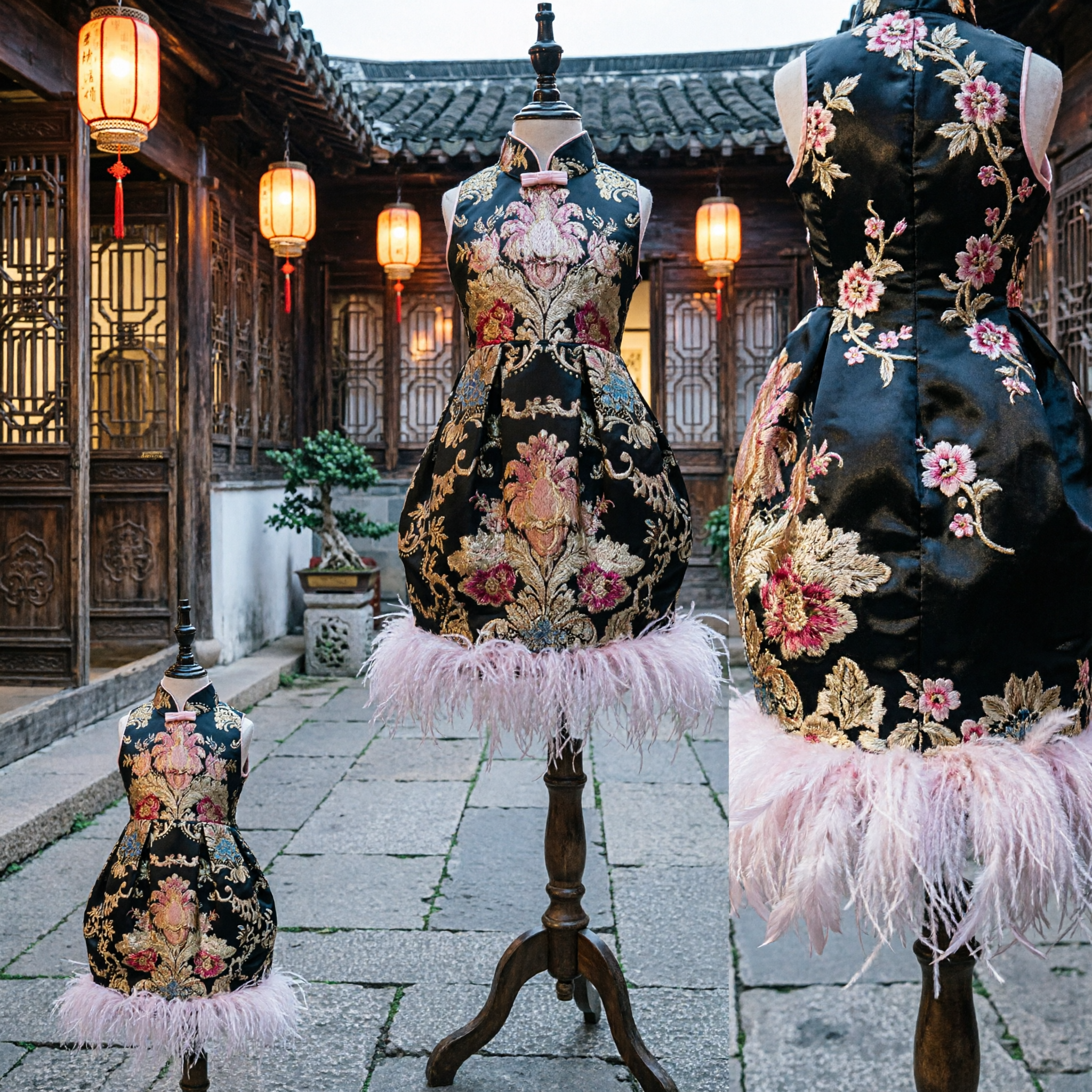 Vestido Cheongsam para Niñas Negro con Bordado Dorado y Ribete de Plumas Rosas, Traje Tradicional Chino Qipao - Asian Costume