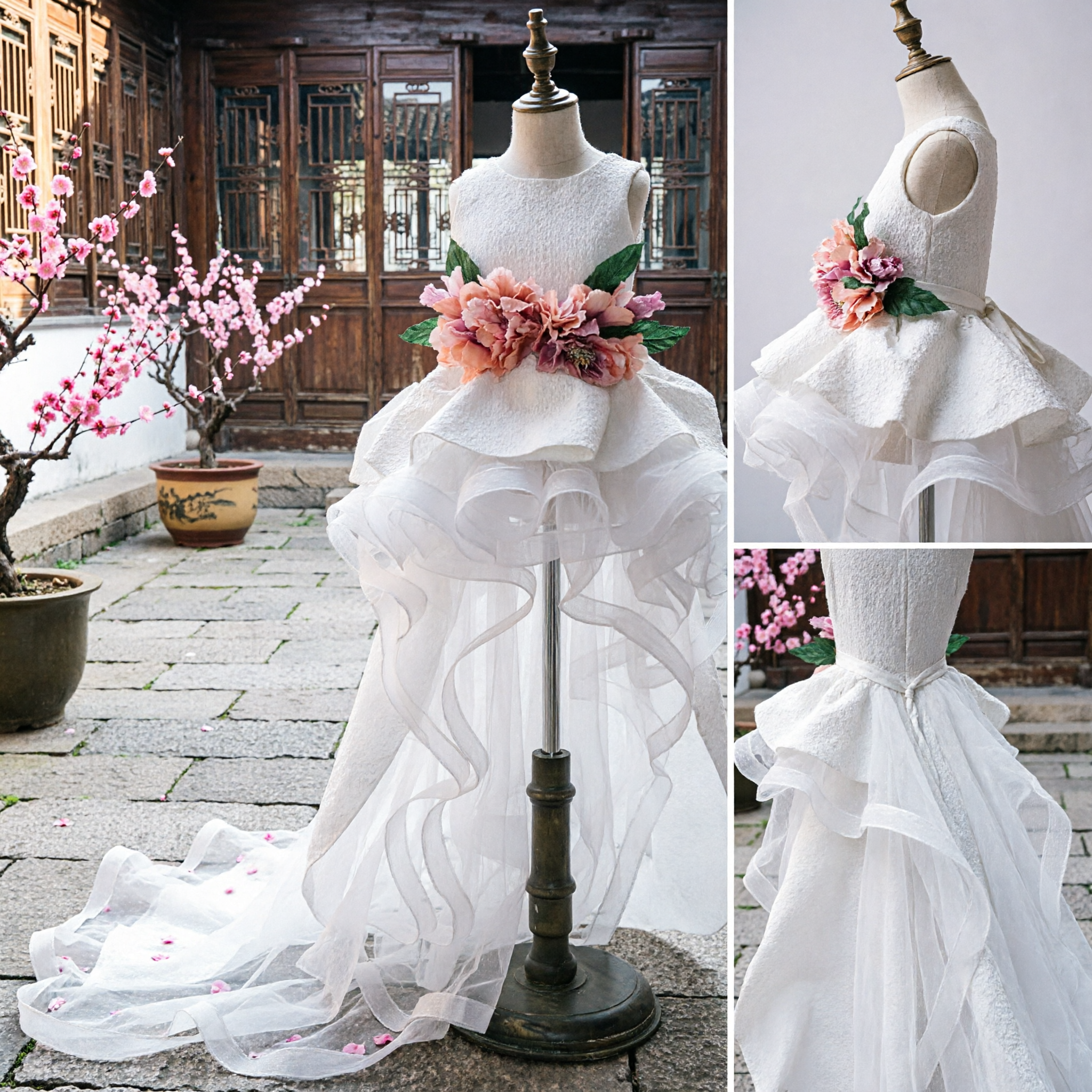 Vestido Estilo Flamenco com Babados Branco para Meninas com Faixa Floral para Performance de Dança no Palco - Asian Costume