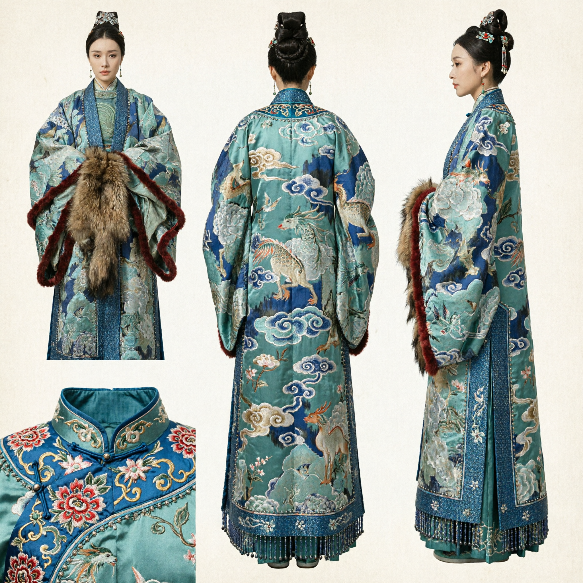 Robe Hanfu ancienne en brocart bleu chinoise traditionnelle, costume de noble de la dynastie Ming avec manchon en fourrure pour femmes - Asian Costume