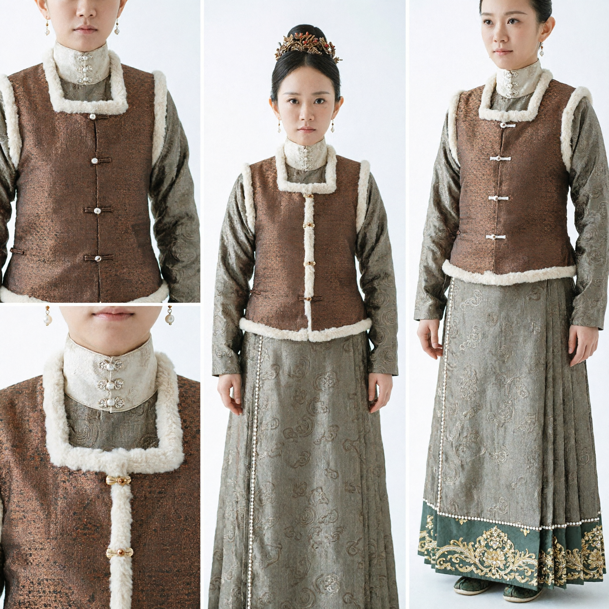 고대 중국 궁녀 의상 갈색 모피 트림 한푸 드레스, 전통 명나라 의류, 여성용 - Asian Costume