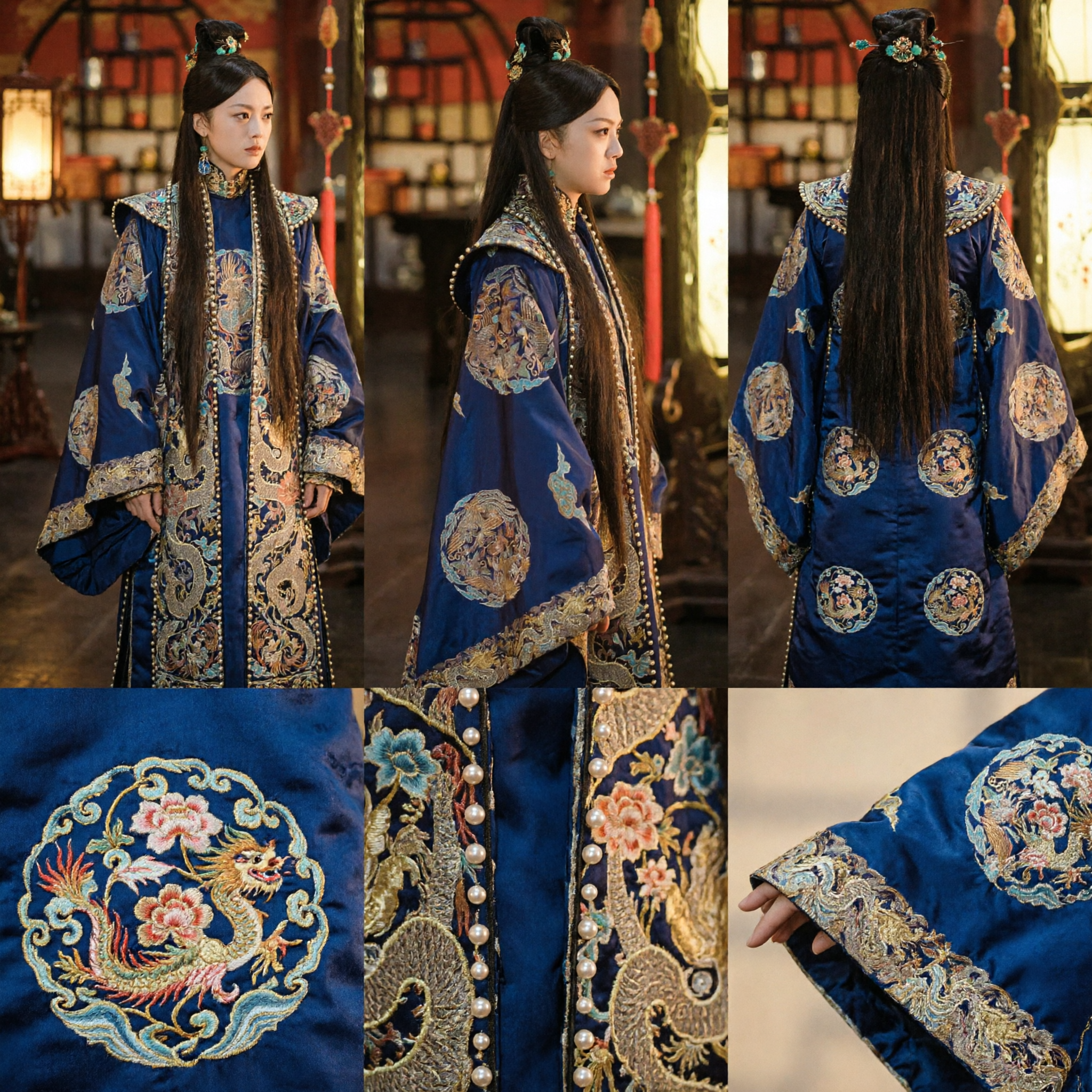 Königlich blaues traditionelles Hanfu-Kleid der Ming-Dynastie mit goldener Drachenstickerei, antikes chinesisches historisches Kostüm für Damen - Asian Costume