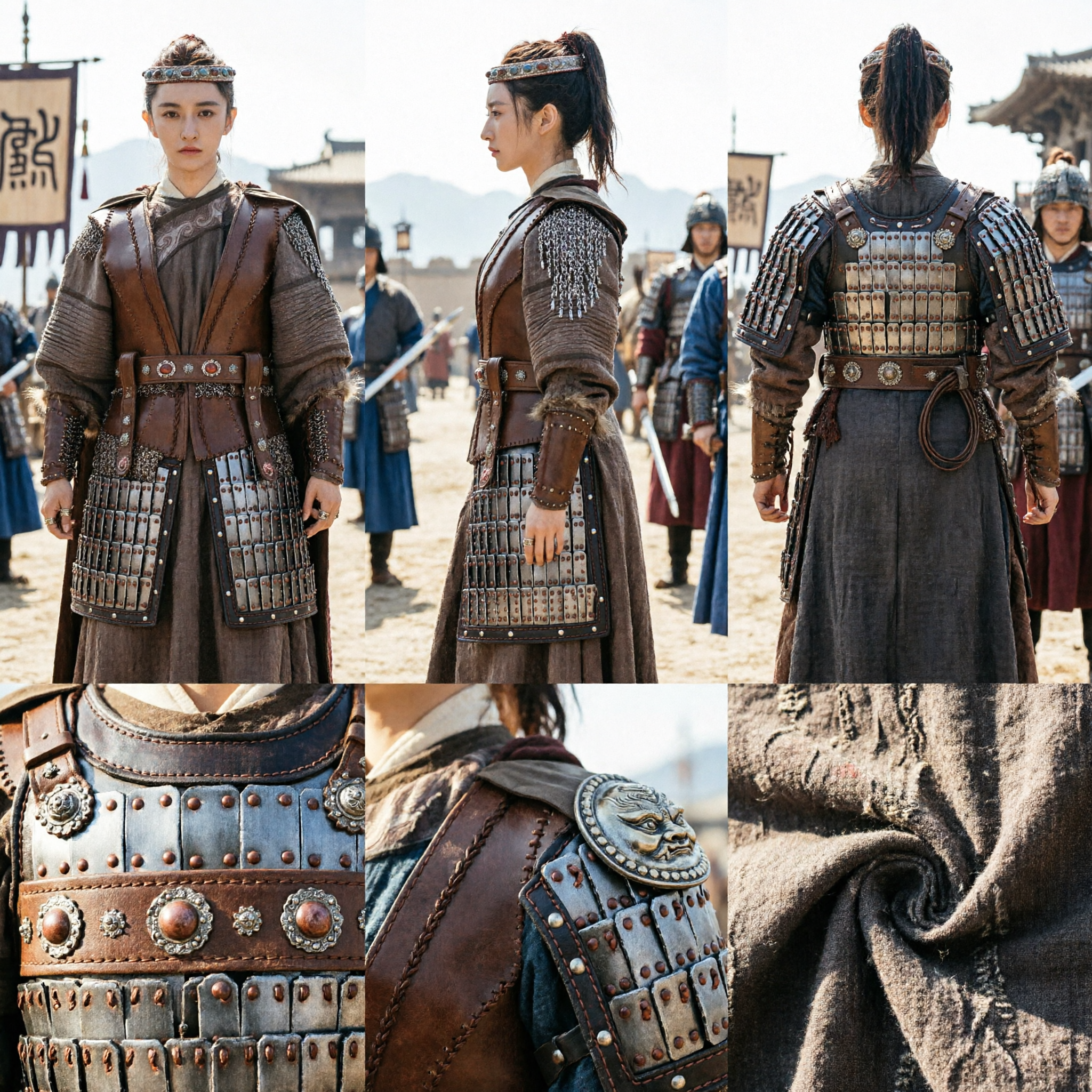 زي المحاربة الصينية القديمة - درع جلدي بني مع حلقات معدنية (هانفو) للنساء لتأدية الأدوار - Asian Costume