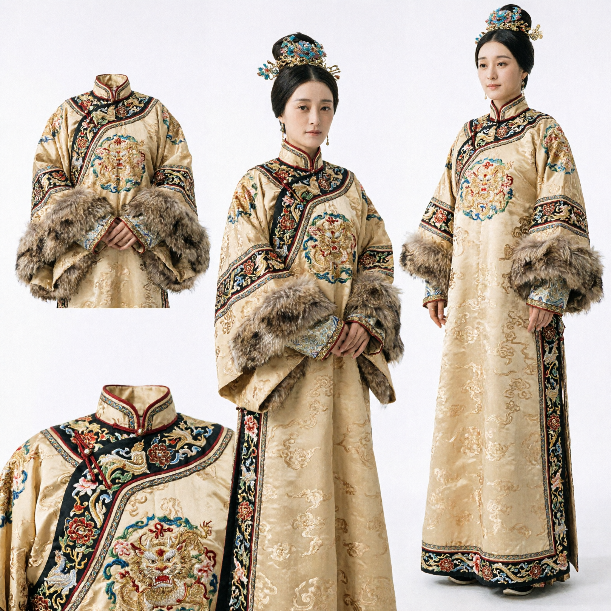 古代中国清時代宮廷皇后衣装 金刺繍ローブ 伝統ドレス 女性用コスプレ - Asian Costume