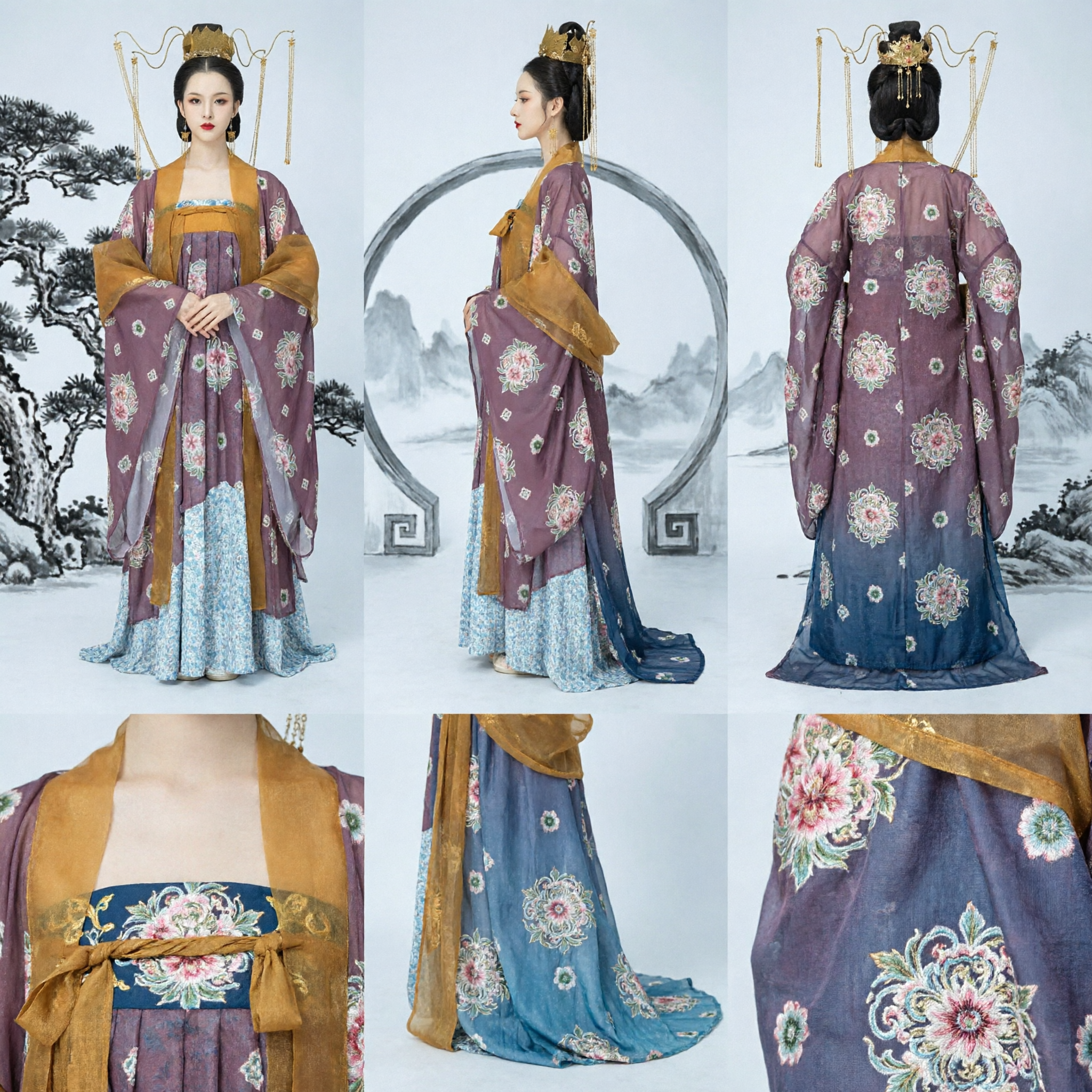 Élégant Hanfu de la dynastie Tang chinoise - Ensemble Qixiong Ruqun robe florale violette et couronne dorée pour femmes - Asian Costume