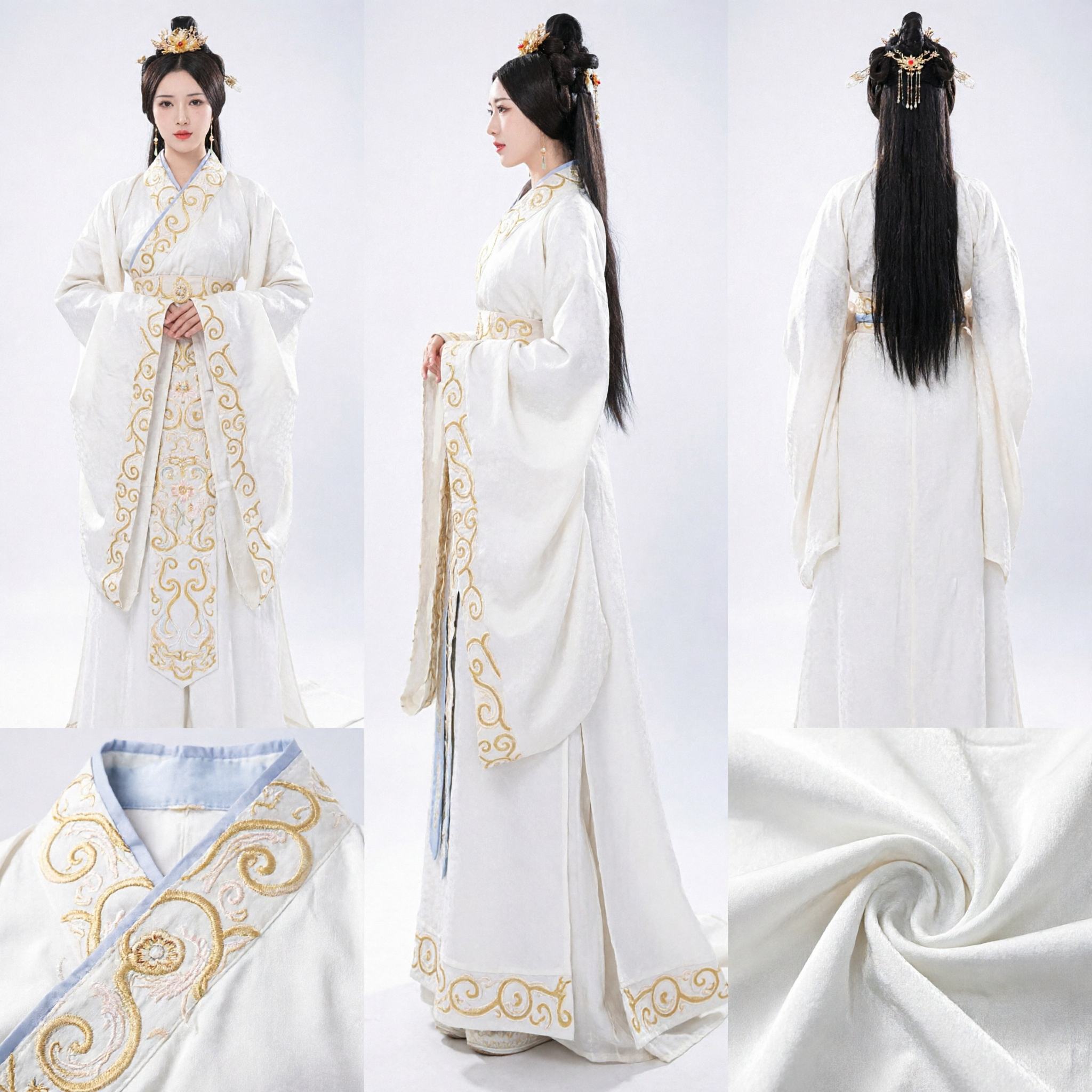 Starożytna suknia księżniczki Hanfu, biała szata z szerokimi rękawami i złotym haftem, tradycyjny strój dla kobiet - Asian Costume