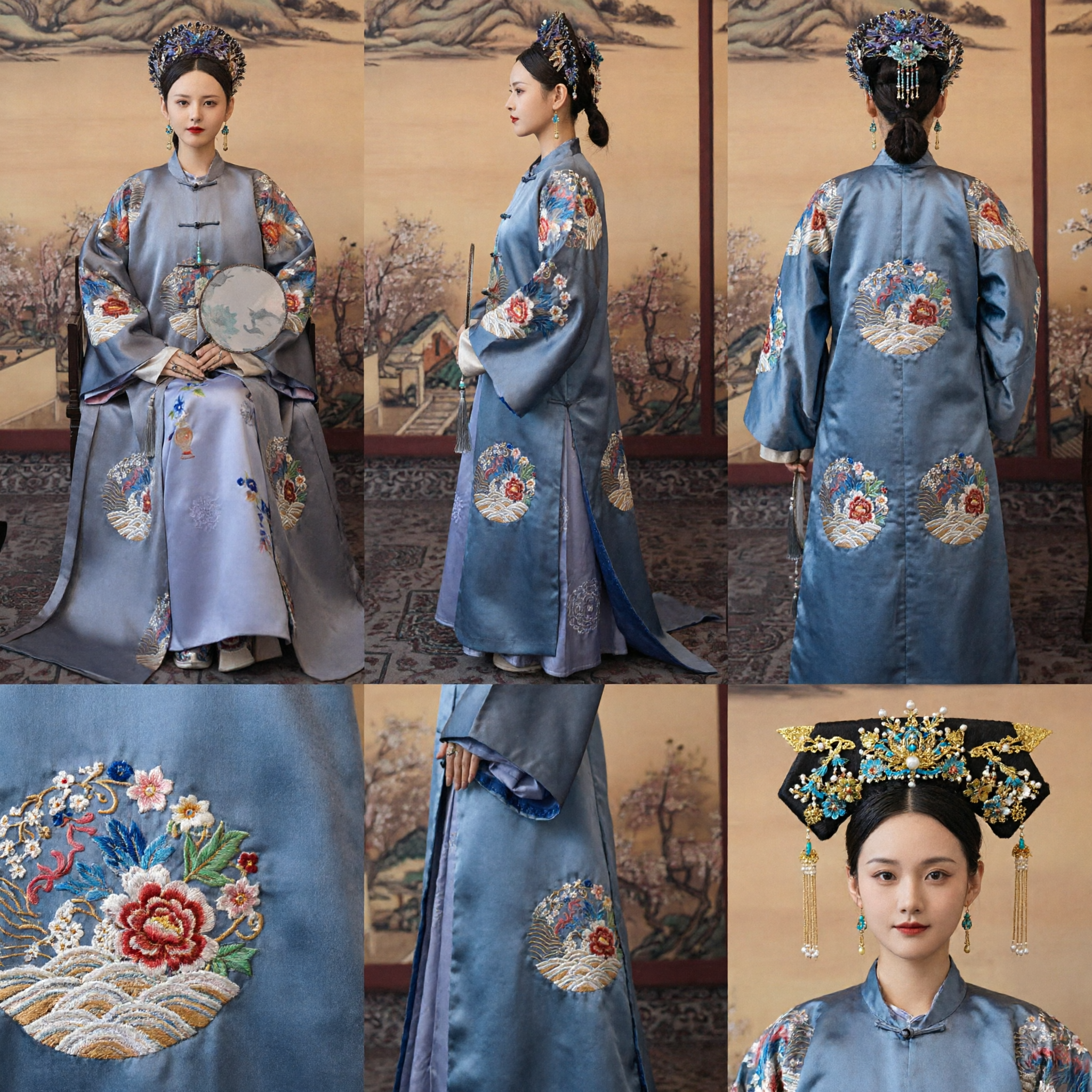 Robe Hanfu da Imperatriz da Dinastia Qing Chinês Antigo Bordado Cinza Traje Tradicional de Princesa Manchu para Mulheres - Asian Costume