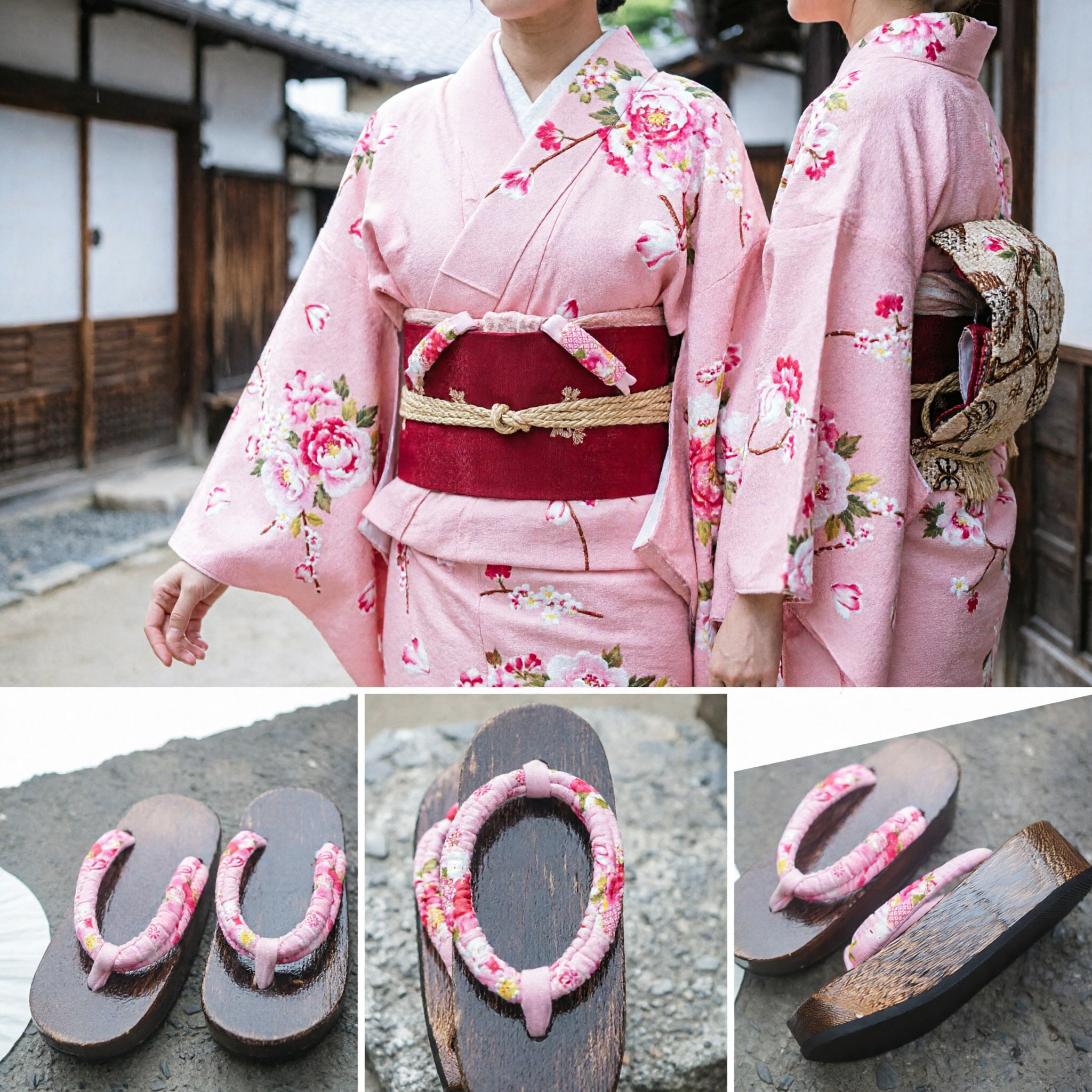 Sandali Geta Giapponesi Tradizionali in Legno, Infradito Rosa a Fiori con Plateau, per Donne, Kimono, Yukata e Festival - Asian Costume