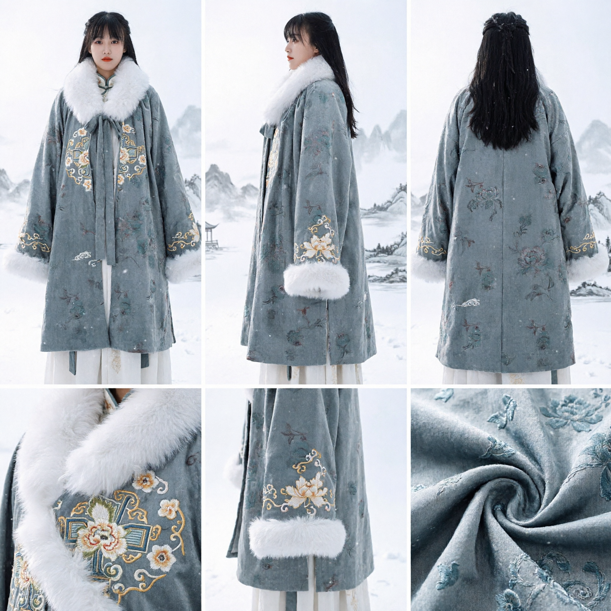 Manteau d'hiver Hanfu chinois traditionnel pour femmes Cape florale vert d'eau avec épais col en fourrure blanche Costume ancien - Asian Costume