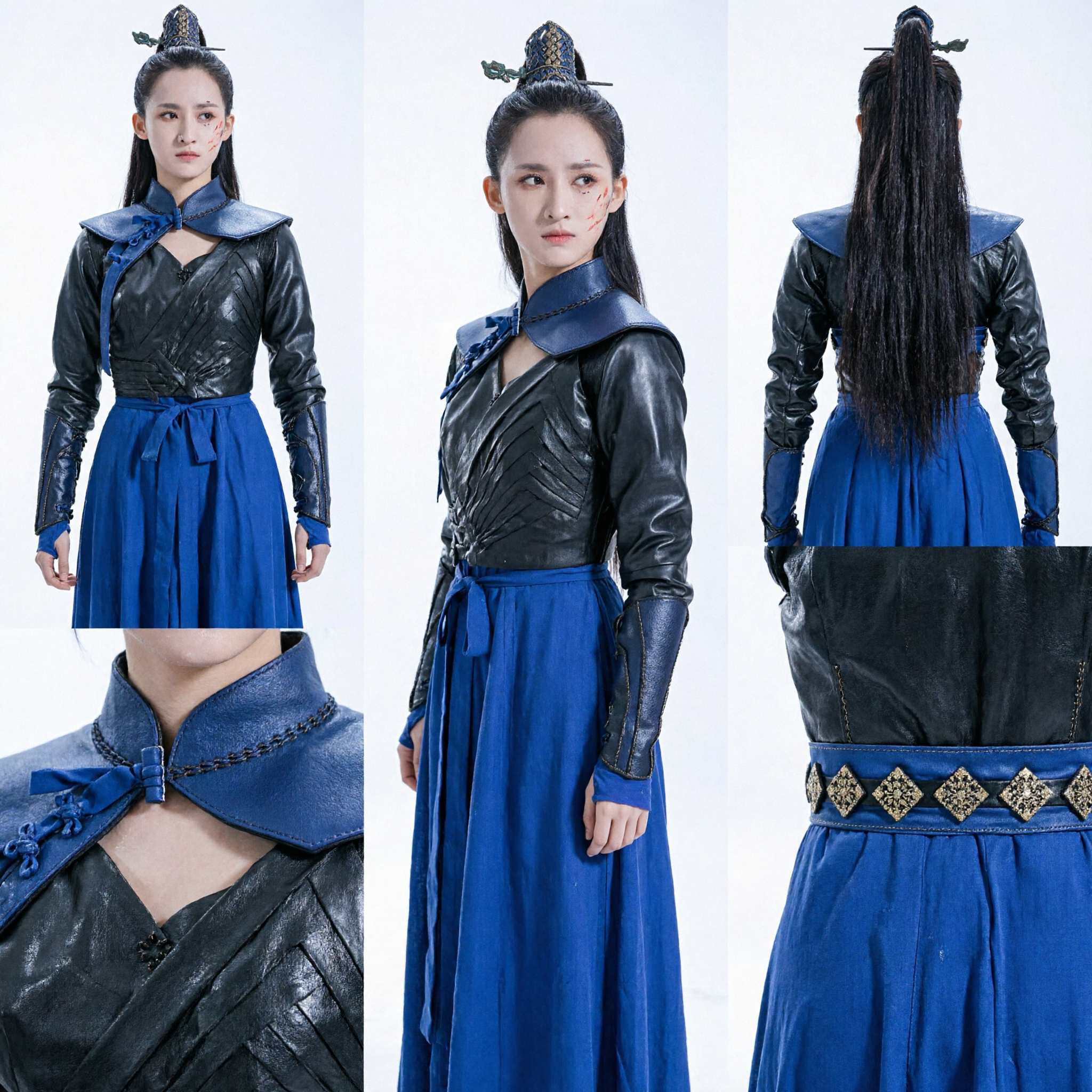 زي محاربة صينية قديمة - درع جلد أسود وتنورة زرقاء - ملابس ووشيا كوزبلاي للمرأة - Asian Costume