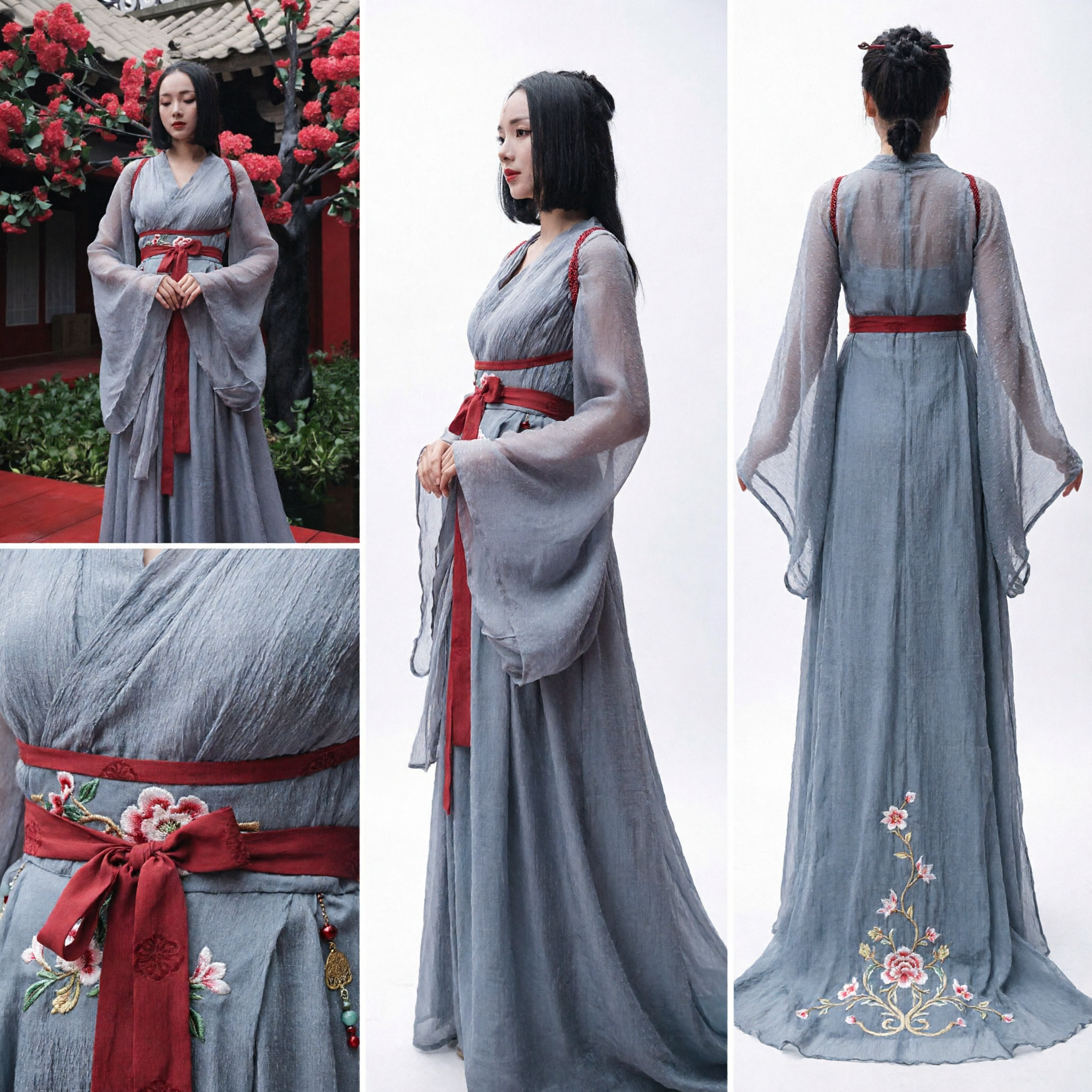 Costume Hanfu traditionnel chinois de dame du palais ancien, longue robe grise avec ceinture rouge pour femmes - Asian Costume