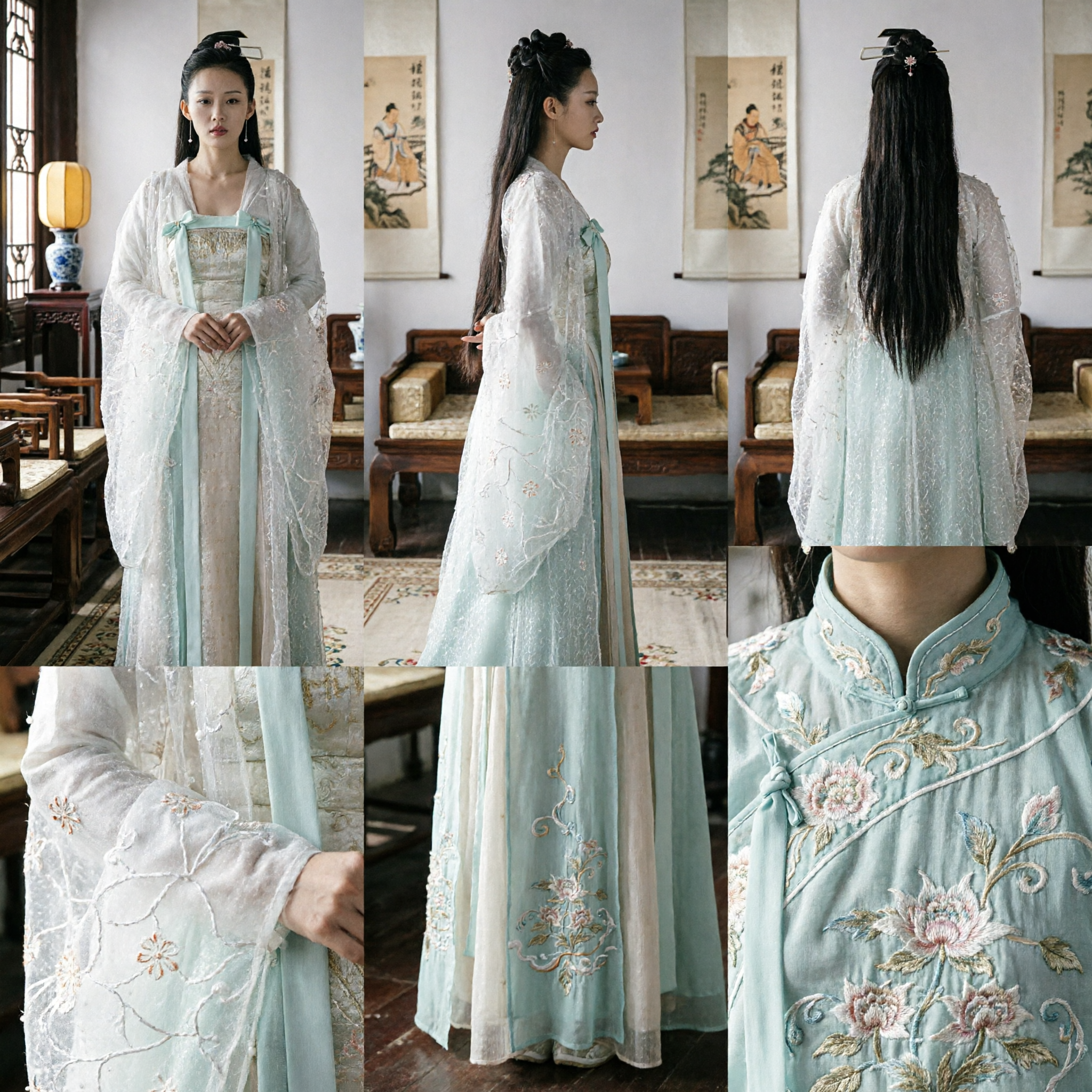 여성용 중국 고대 한푸 복장 전통 송나라 스타일 드라마 복제품 우아한 흰색 비치 외포 세트 - Asian Costume