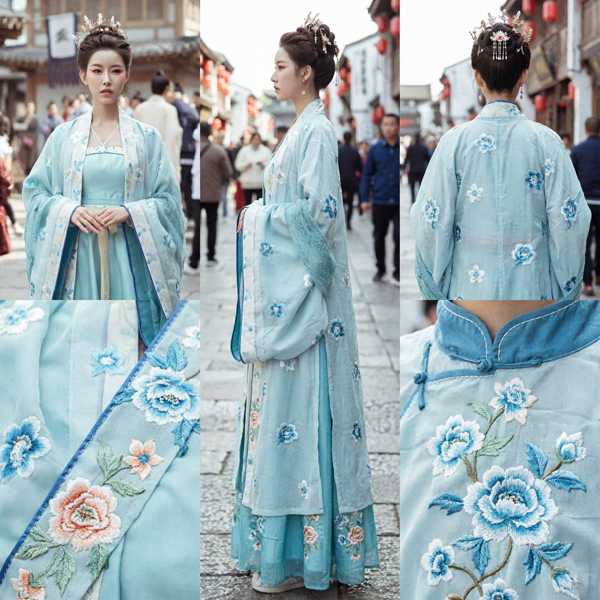 Hanfu Tradicional Chinês Azul Claro e Elegante, Robe Antigo Bordado com Flores para Fotografia e Eventos Femininos - Asian Costume