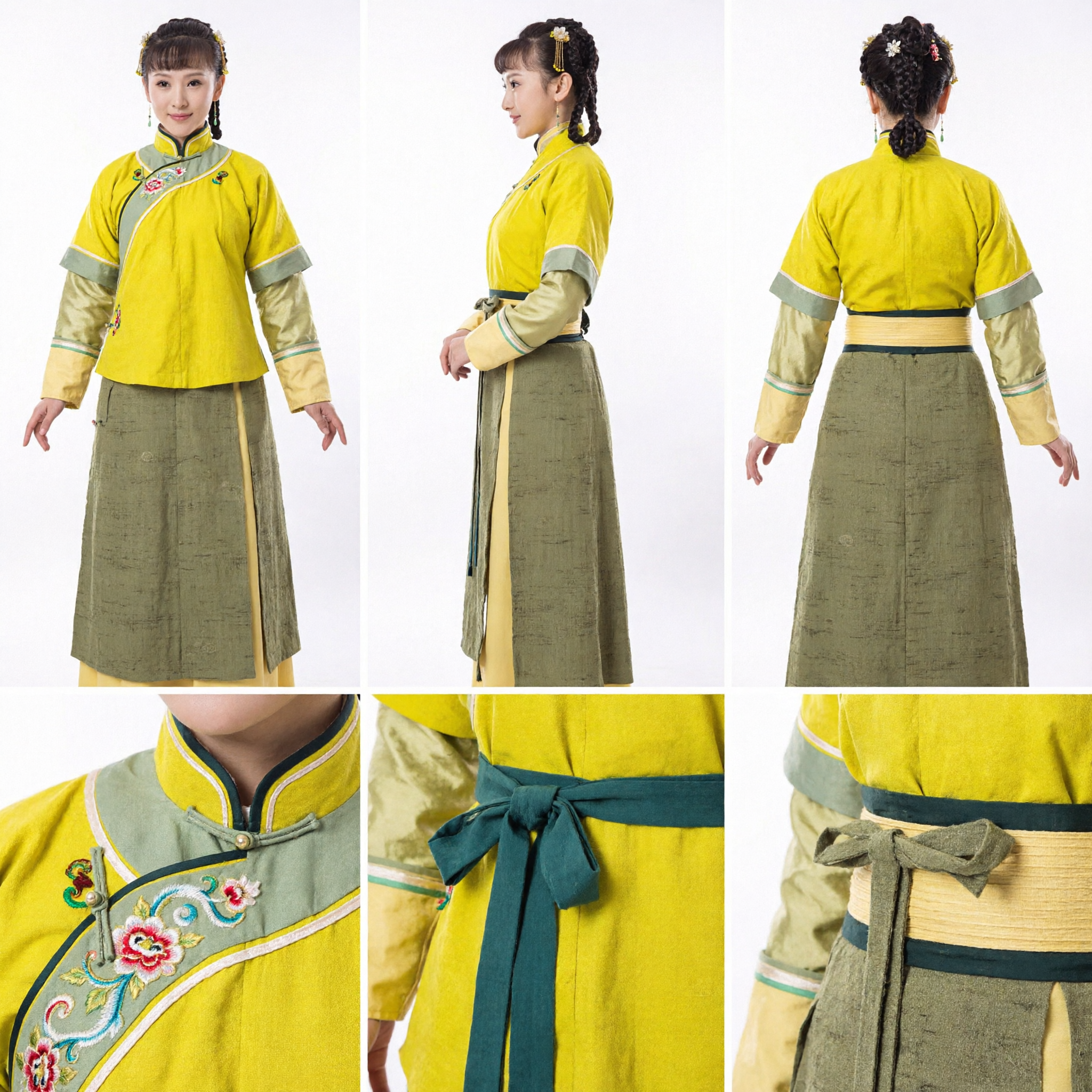 Traditionelles chinesisches antikes Hanfu-Kostüm, gelbes Kreuzkragen-Oberteil und olivgrüner Rock-Set für Frauen, Historien-Drama - Asian Costume