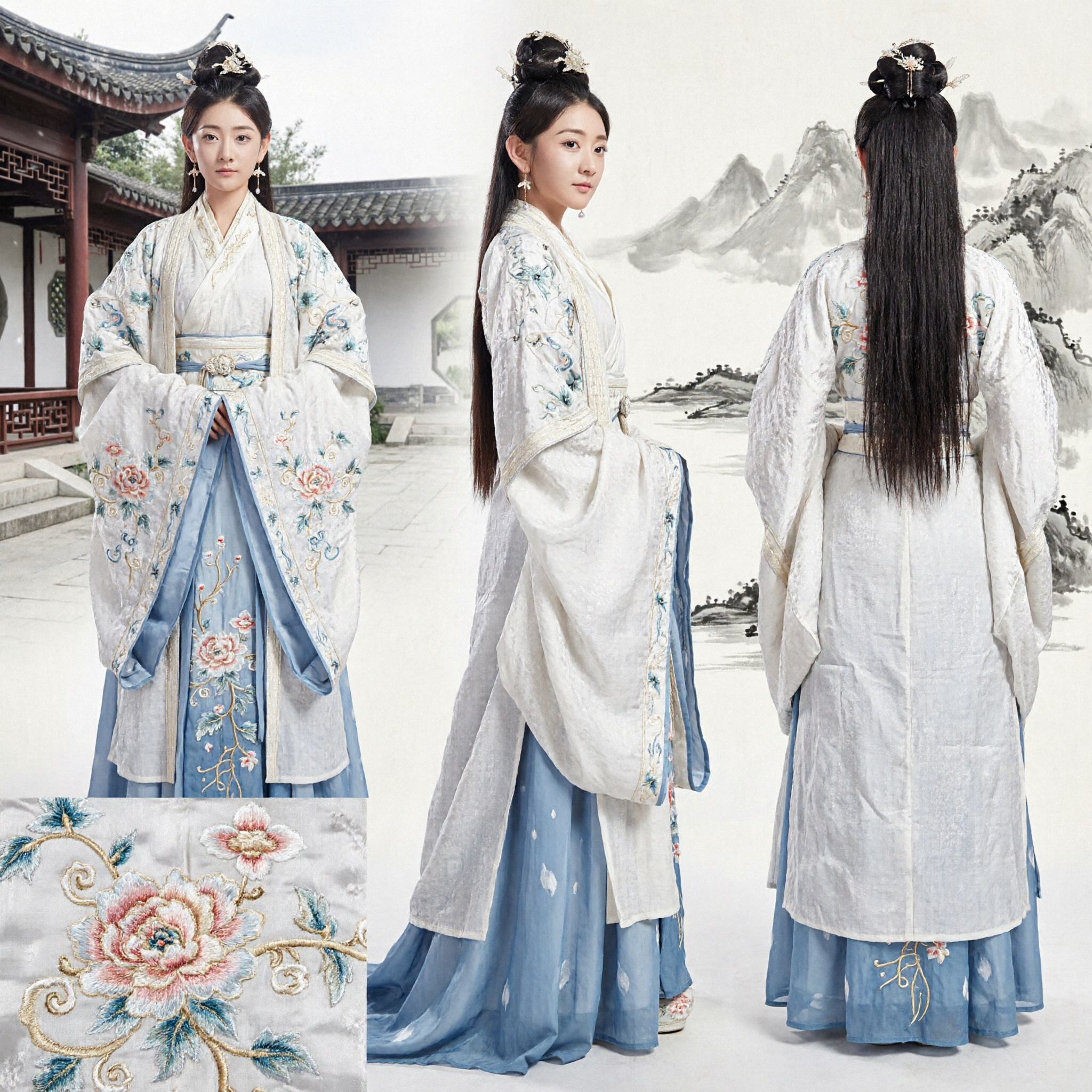 精巧な白と青の刺繍漢服 伝統的中国衣装ドレス 女性用古代妖精コスプレ - Asian Costume