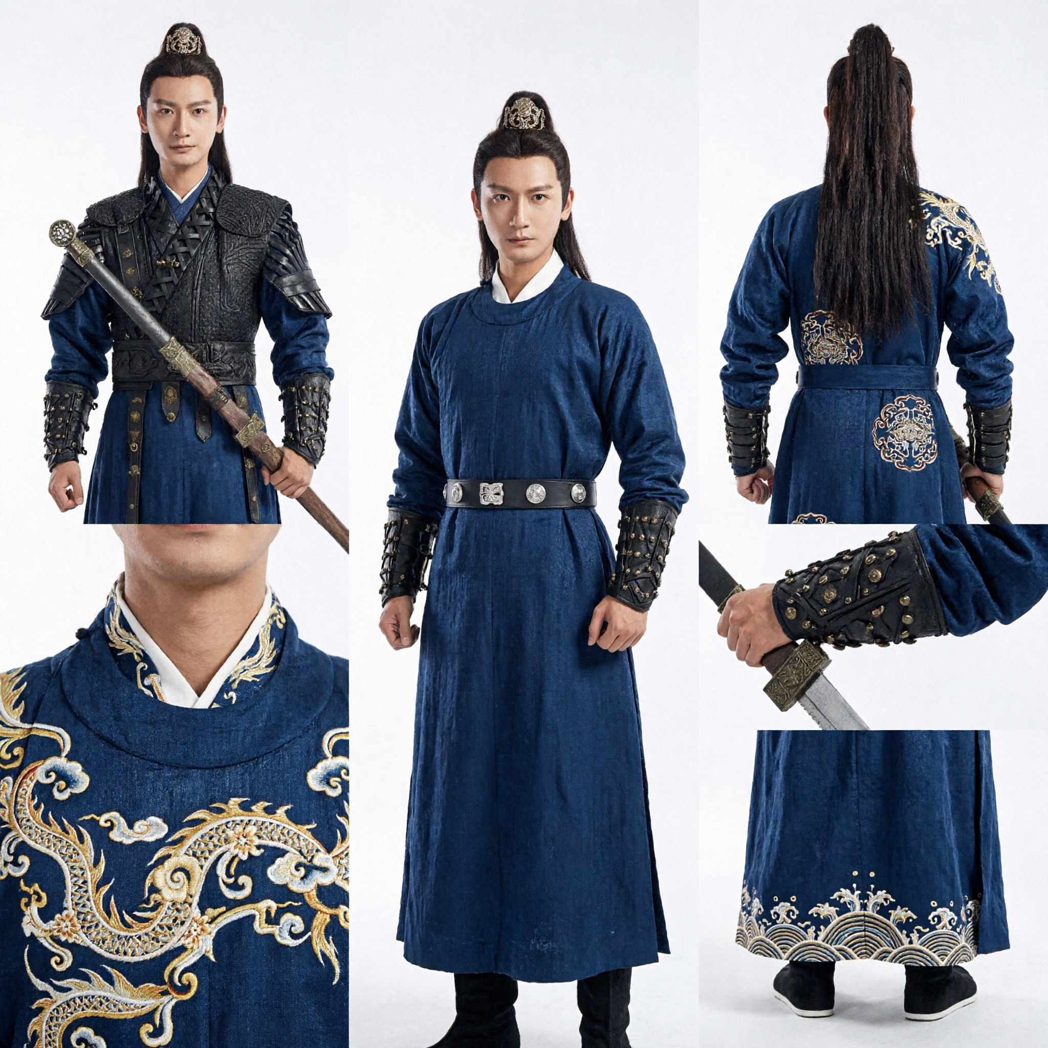 Oud Chinese Zwaardvechter Zwart Harnas Kostuum Mannen Traditionele Wuxia Krijger Hanfu voor Cosplay Optreden - Asian Costume