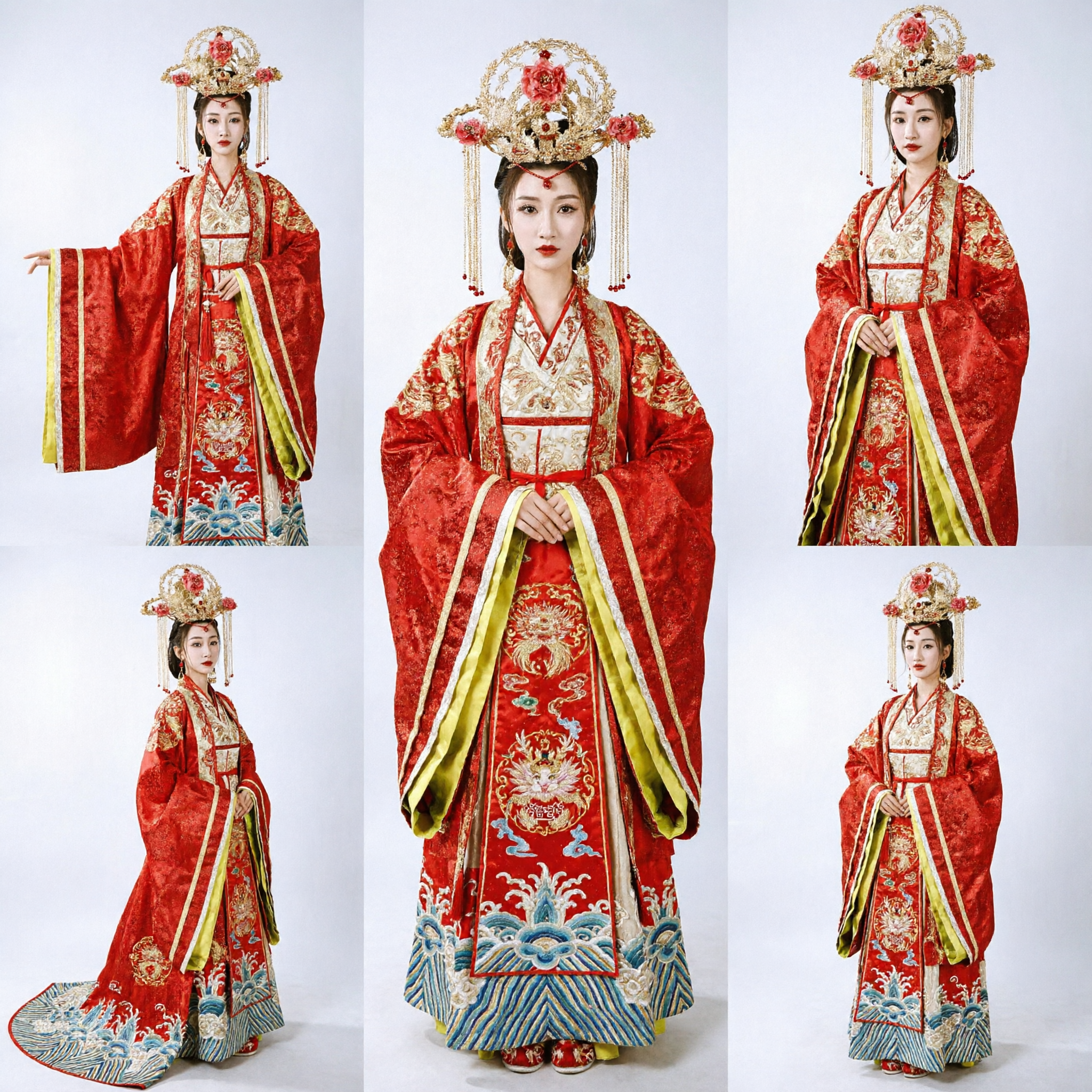 Traditional Chinese Wedding Hanfu Red Ancient Empress Costume with Elaborate Golden Headpiece for Women - Asian Costume