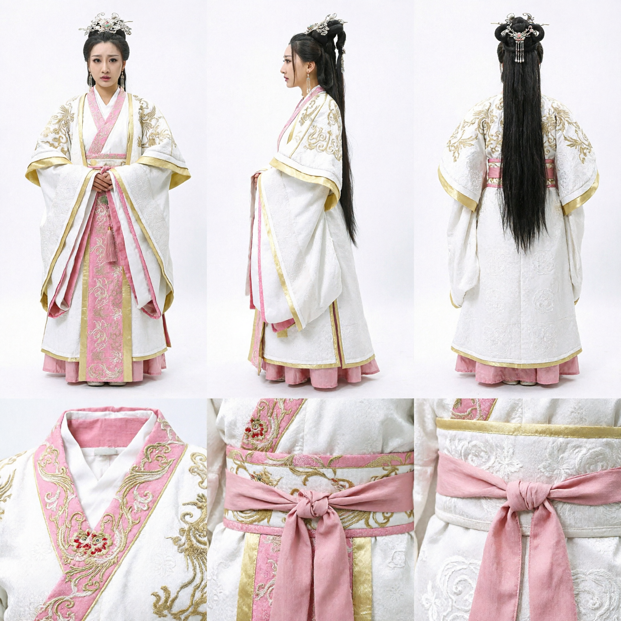 Traje de Dama do Palácio Chinês Antigo Vestido Hanfu Branco com Bordado Dourado para Mulheres Cosplay e Fotografia - Asian Costume