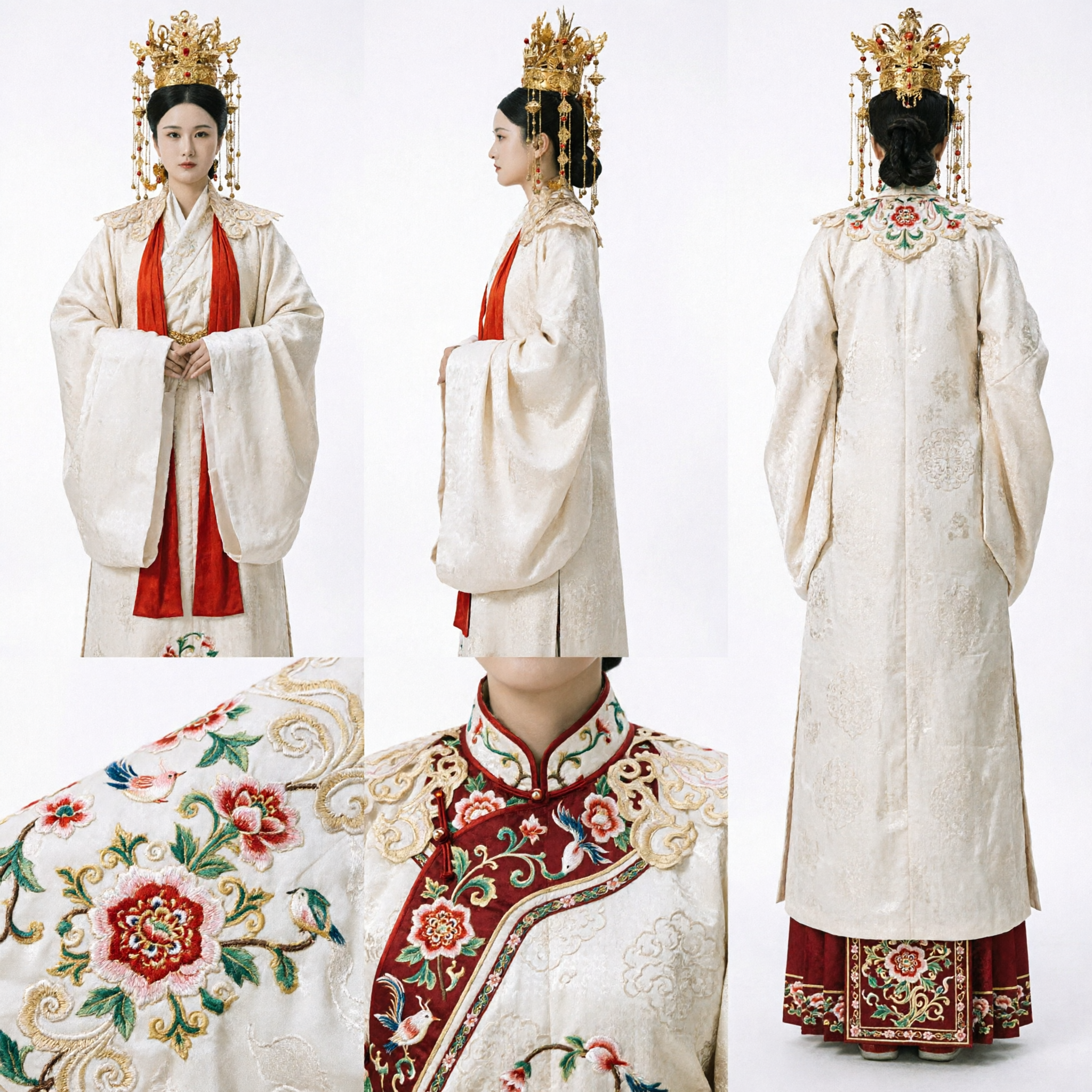Antico abito nuziale reale cinese Hanfu con elaborata corona d'oro della fenice costume tradizionale per donne - Asian Costume