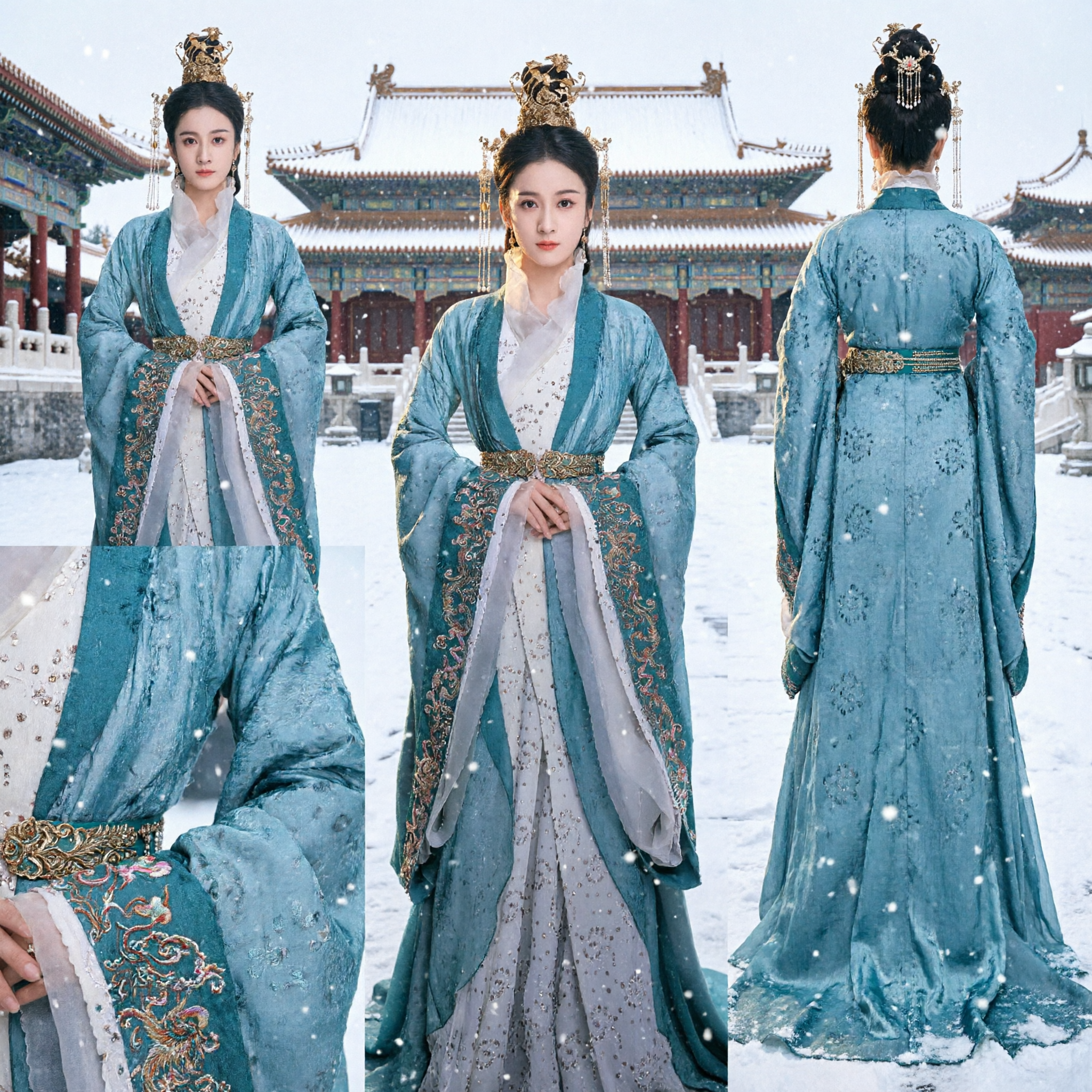 Elegant Blauwgroen Chinese Traditionele Hanfu Oud Prinses Kostuum met Goud Borduurwerk voor Vrouwen Cosplay - Asian Costume