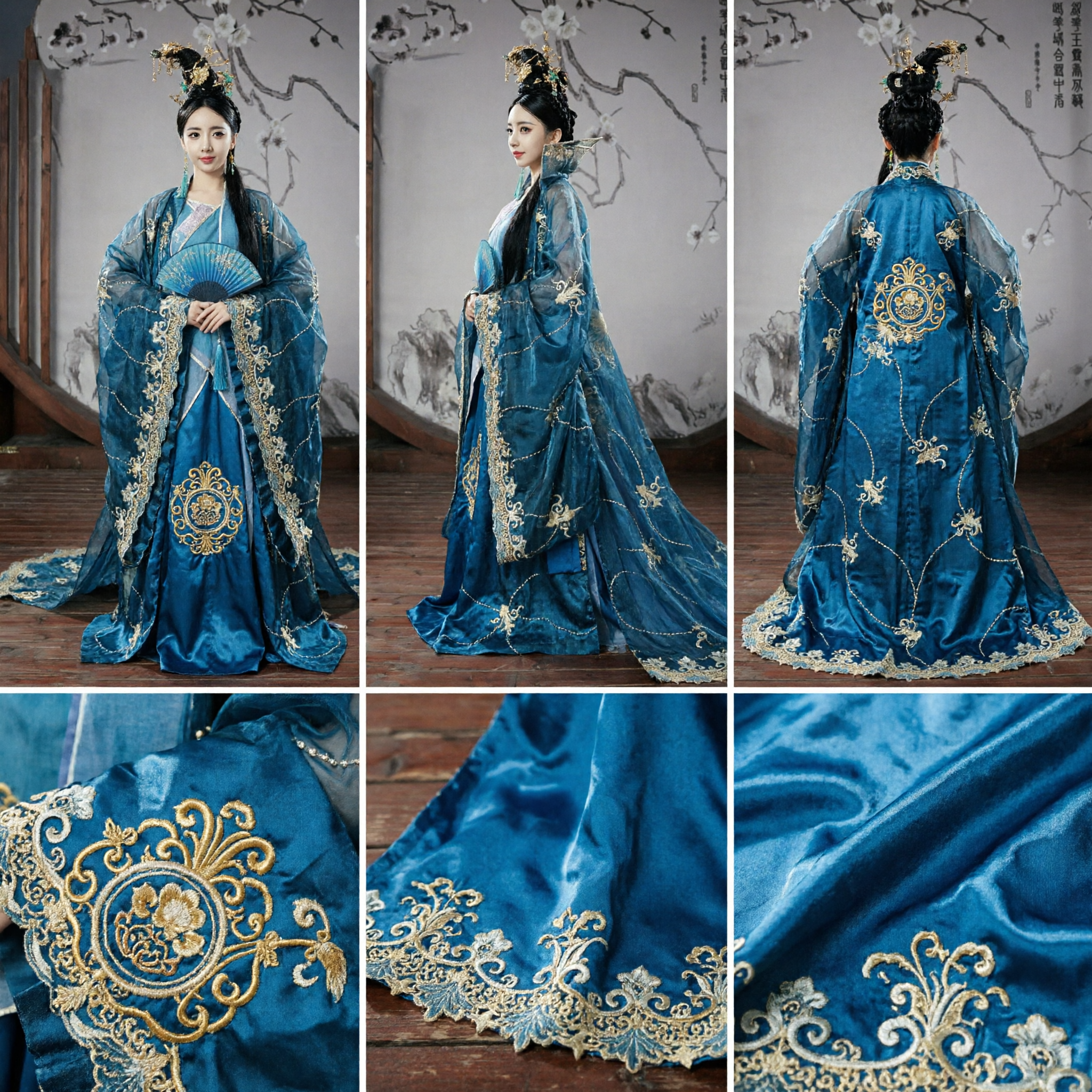 エレガントなブルー漢服 古代中国王女ドレス 長いトレーン刺繍コスチューム 女性用ステージパフォーマンス - Asian Costume