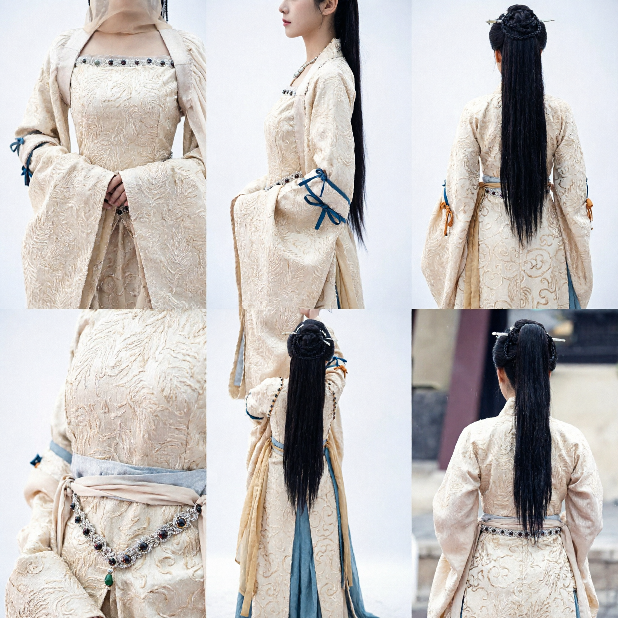 Vrouwen Oud-Chinese Tang-dynastie Hanfu Kostuum Beige Brokaatjurk met Sluier voor Cosplay Optreden - Asian Costume