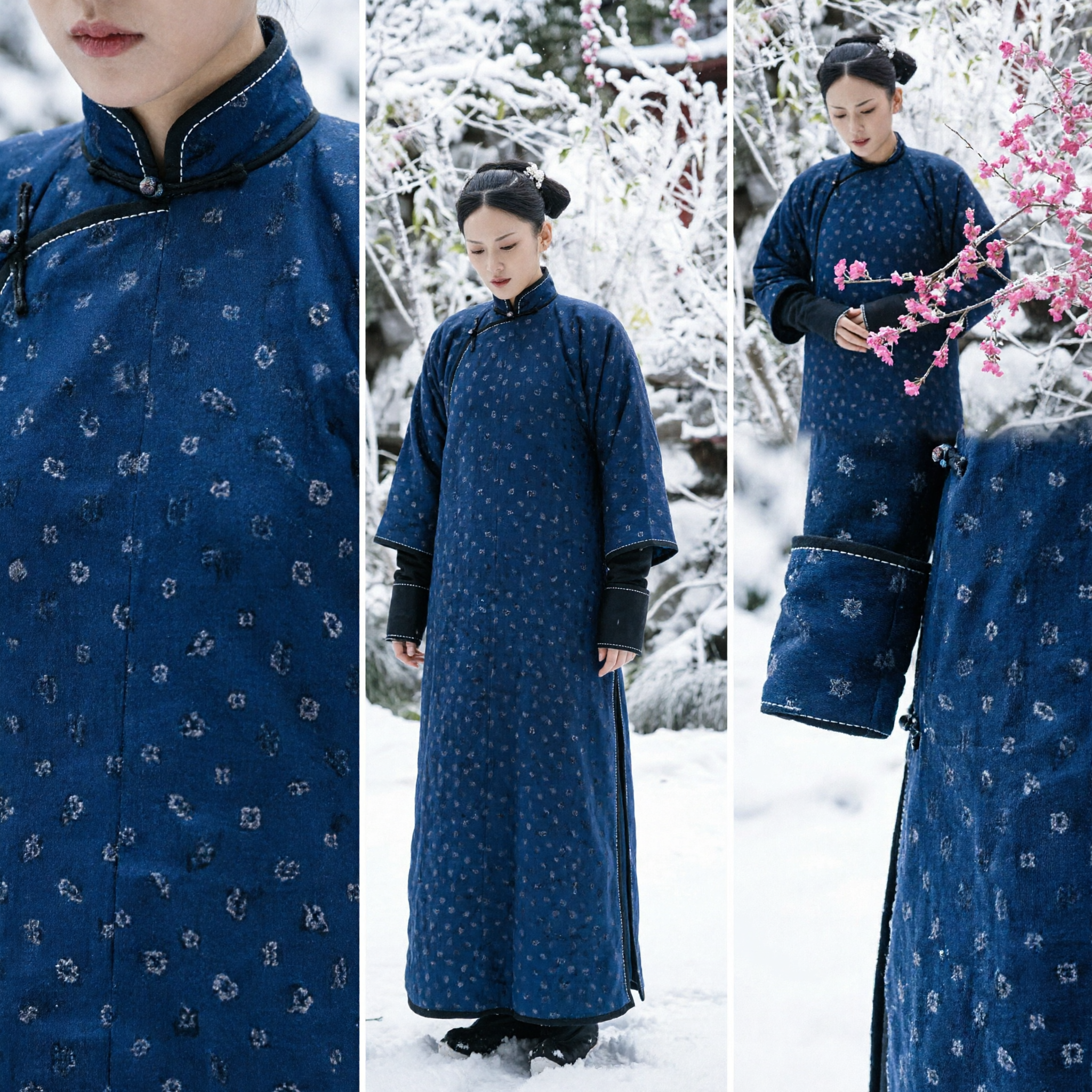 Traje de Invierno Tradicional de la Dinastía Qing China Túnica Larga Azul Oscuro Ropa de Drama de Época Antigua para Mujer - Asian Costume