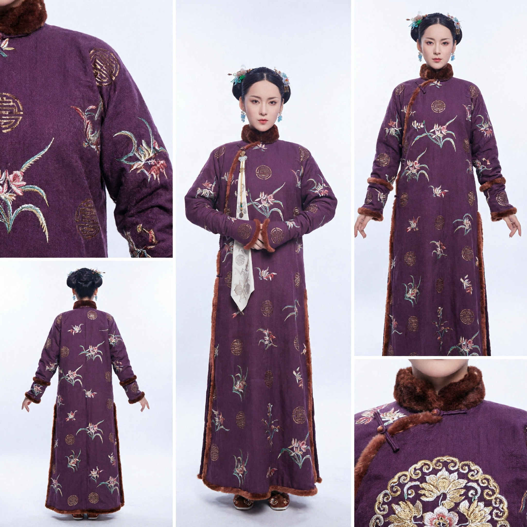 고대 중국 청나라 황제 후궁 의상 보라색 꽃 자수 긴 로브 여성 역사 드라마 코스프레 - Asian Costume