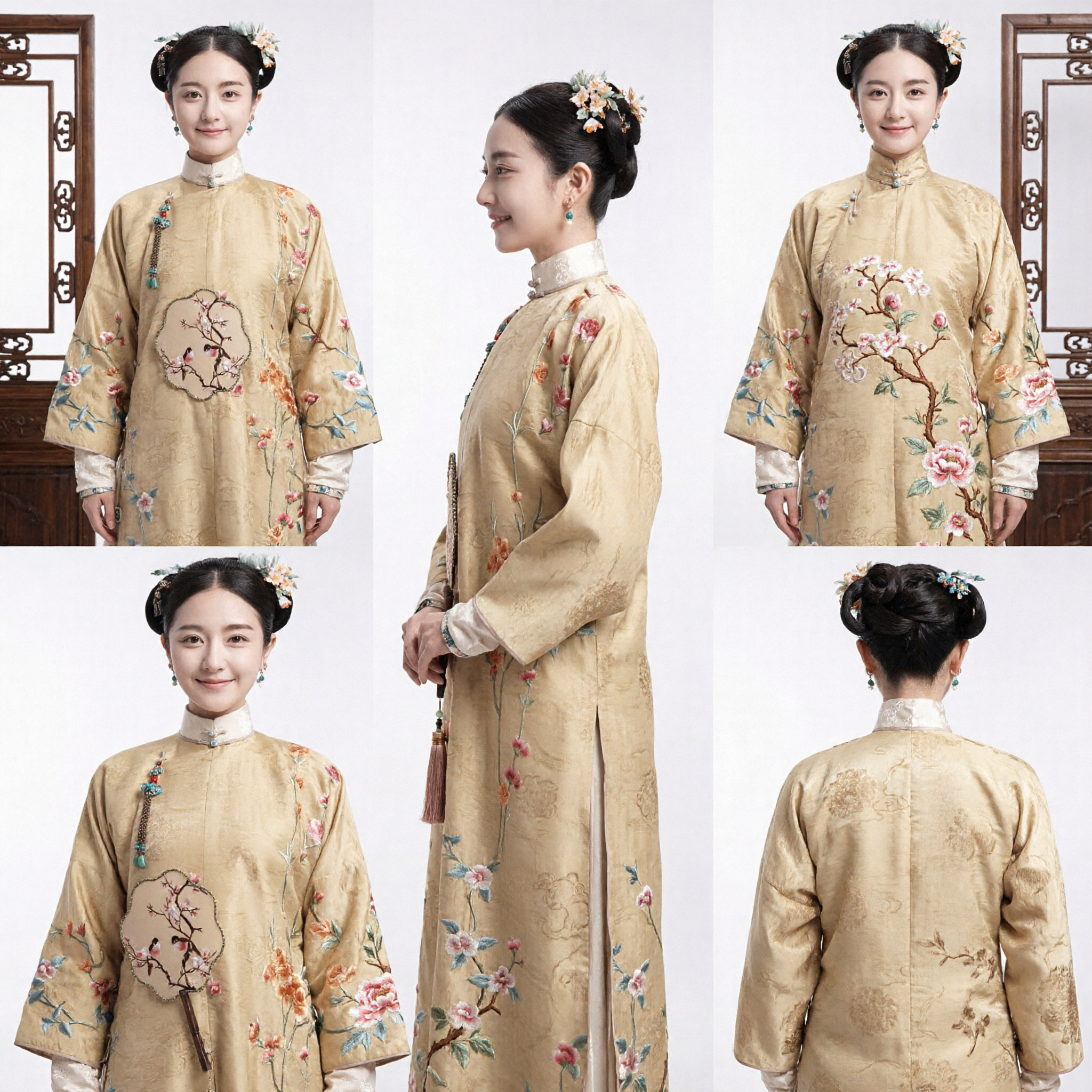 고대 중국 청나라 자수 베이지 로브 전통 만주 귀부인 의상 역사 코스프레 여성 아웃핏 - Asian Costume